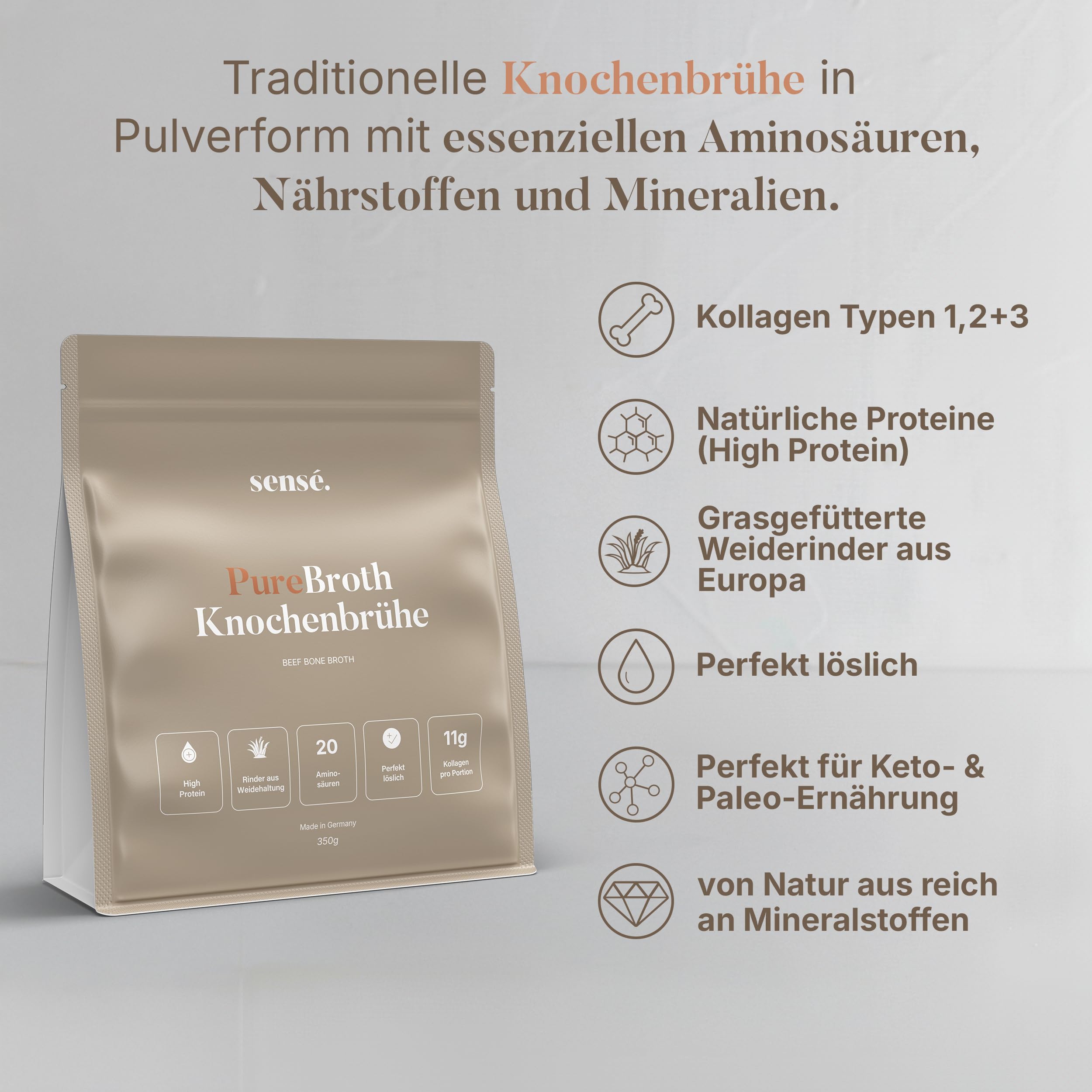 sensé. Knochenbrühe Pulver vom Weiderind, aus Deutschland, Bioaktiv, 350g – Kollagen Typ 1,2 & 3 | Für Gelenke, Darm und Haut | hoher Proteingehalt | Leaky Gut, Keto | Bone Broth