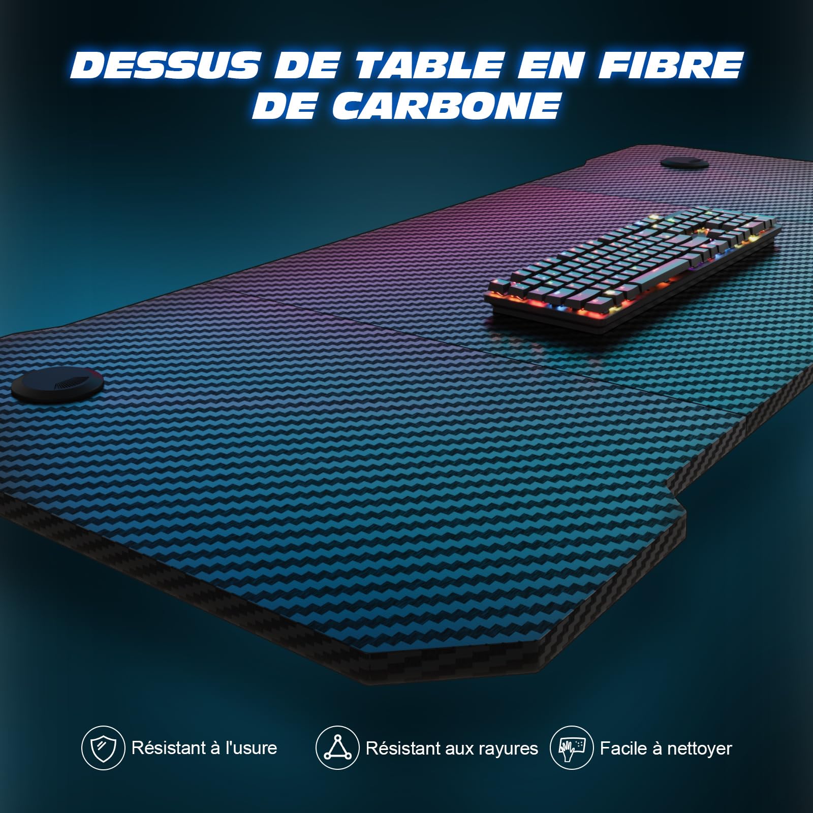 TRIUMPHKEY Bureau Gaming, 120x60CM Table de Jeu, Bureau Robuste pour Ordinateur Ergonomique,Surface en Fibre de Carbone,Crochet pour Casque et Gestion des câbles,Cadre en Forme Z Moderne, Carbon Noir