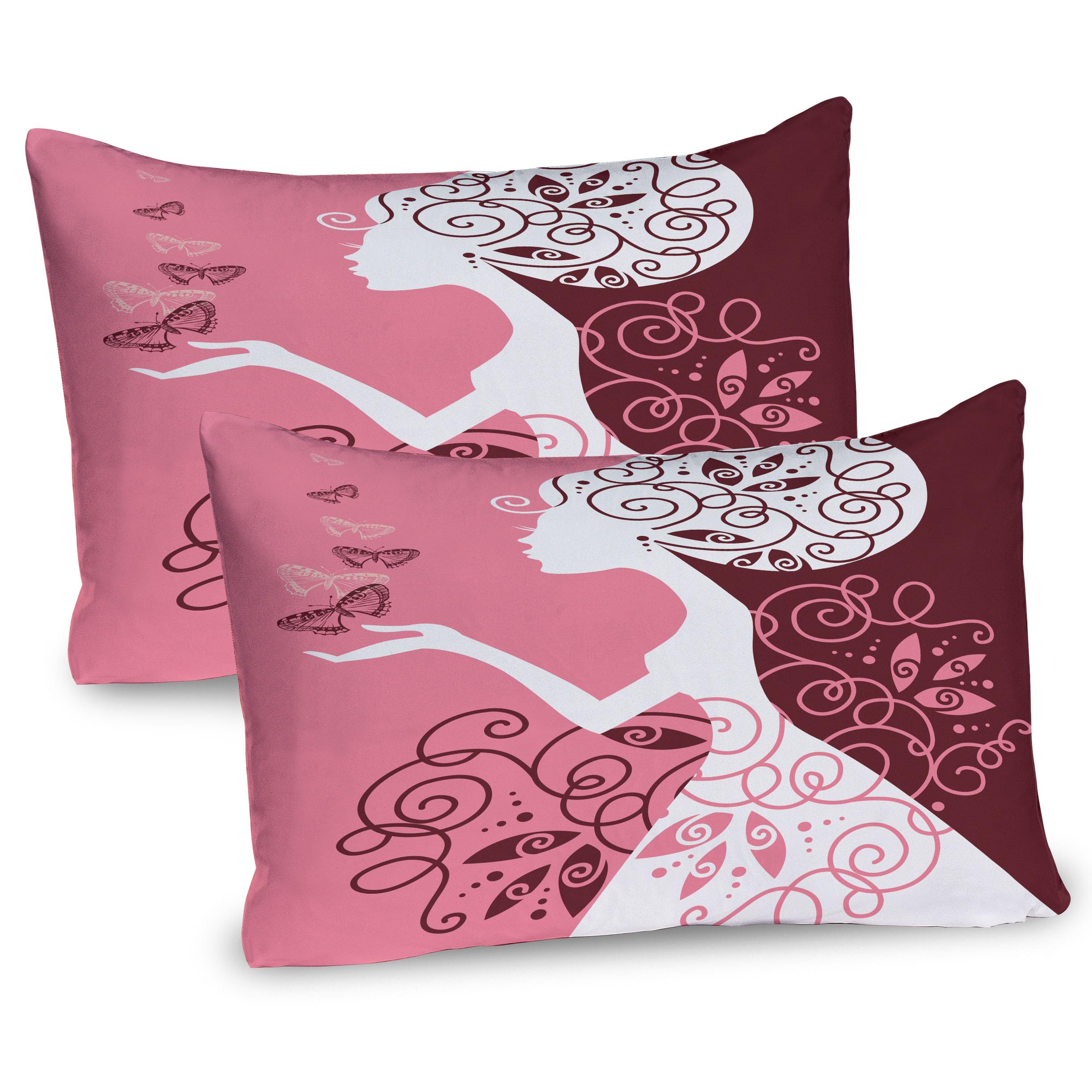 Ambesonne Pink Pillow Sham Set of 2, Drawing Girl with Butterflies Floral Ornaments Swirled Branches, Quality Microfiber Bedding Item for All Seasons, 30