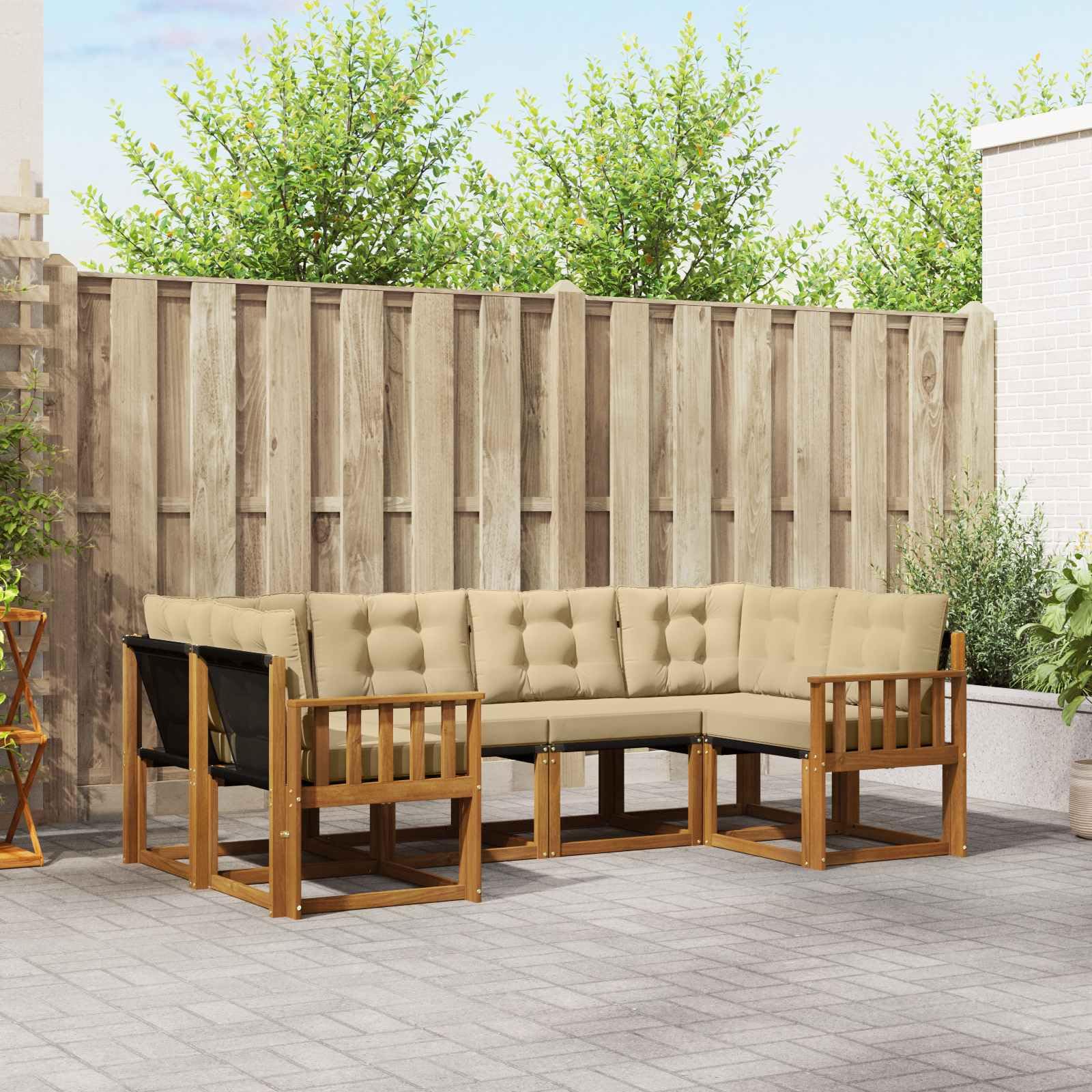 Juego de muebles de jardín de madera de acacia para exteriores con cojines de 6 piezas, sofá de madera maciza de acacia y textileno, cómodo respaldo y cojines extraíbles para jardín, terraza