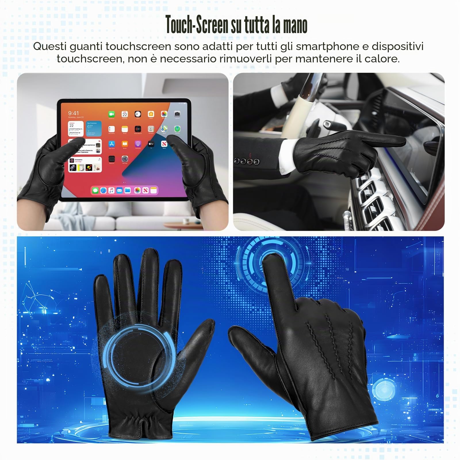 GSG SINCE 1998 Guanti Pelle Uomo Touchscreen – Invernali in Pelle di Pecora Senza Cromo, Foderati in Lana, Caldi da Guida e Moto, M22004