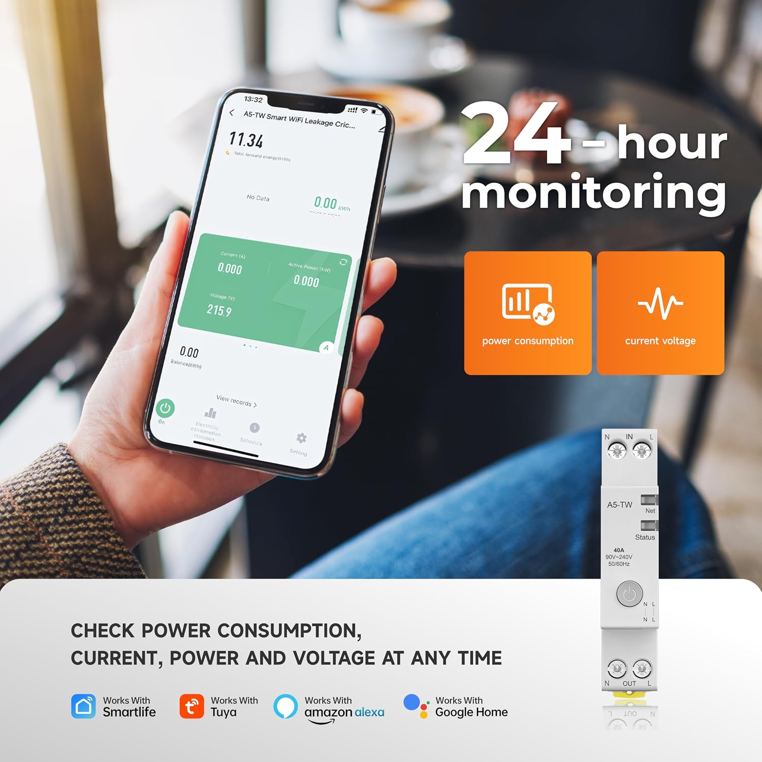 Smartphone screen showing the Smart Life app interface with real-time power consumption, current, and voltage monitoring, alongside the physical circuit breaker.