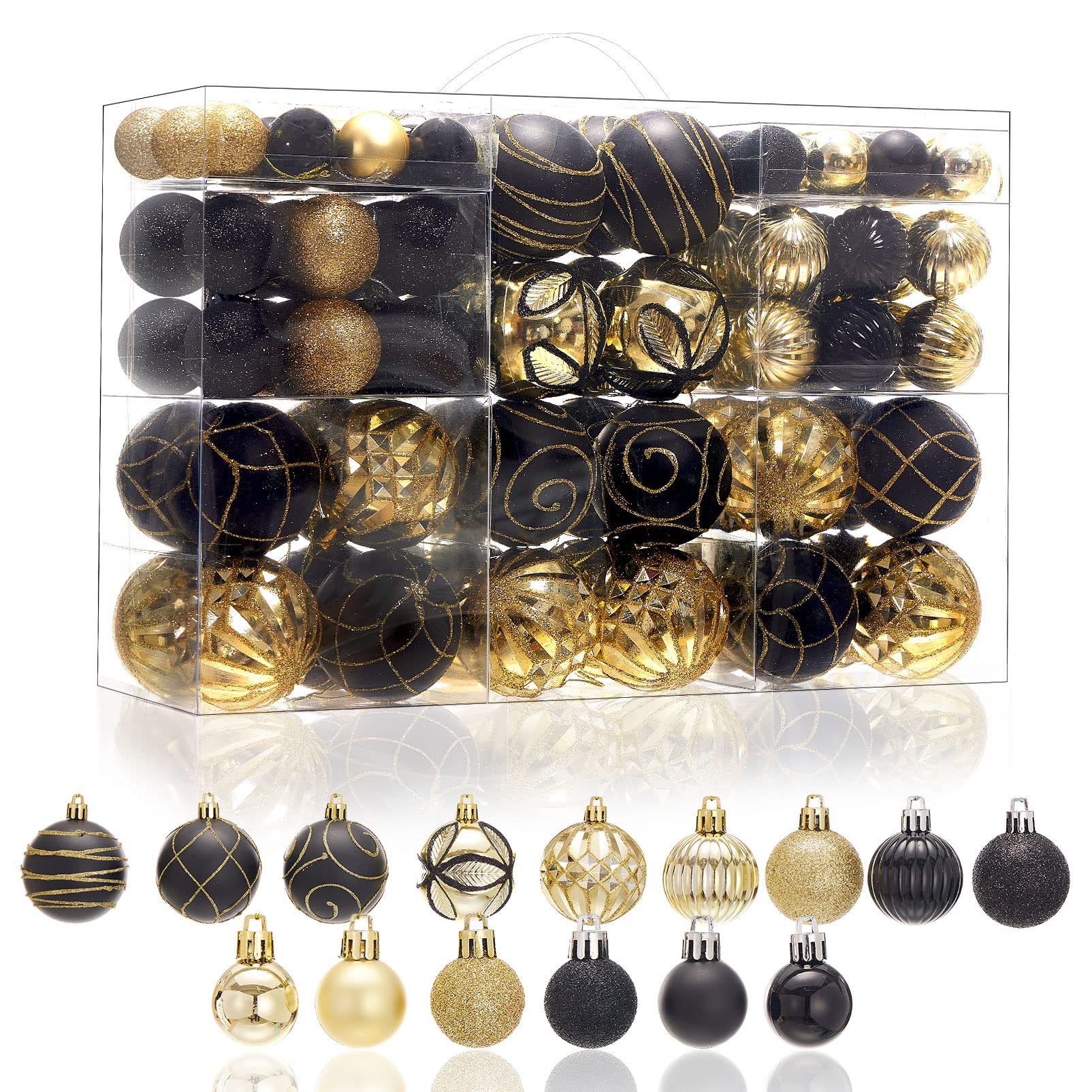 100Pcs Christmas Tree Ball Ornaments Set, Black and Gold Assorted Shatterproof Christmas Balls Decorations, Decorative Hanging Baubles for Holiday Weeding Party Home Decor