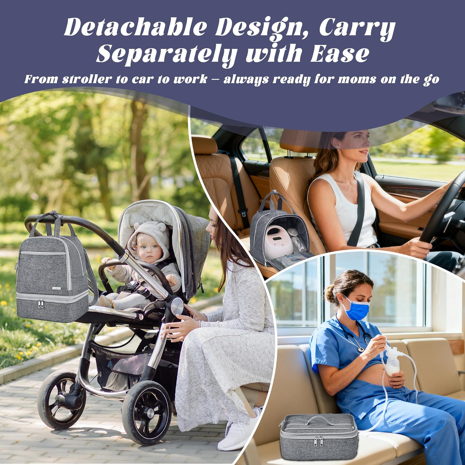 Breast Pump Bag with Insulated Cooler, Double-Layer Pumping Bag for Work & Travel, Fits Most Electric Breast Pumps, Includes 10 Ice Packs & Waterproof Mat, Detachable Bottle Cooler Tote, Grey