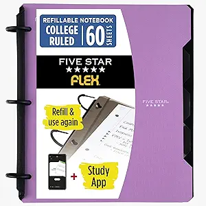 Five Star Flex Refillable Notebook + Study App 1-Inch O-Rings Binder with Pockets, Tabs, and Dividers, 220 Sheet Capacity, Includes 60 Sheets, Amethyst