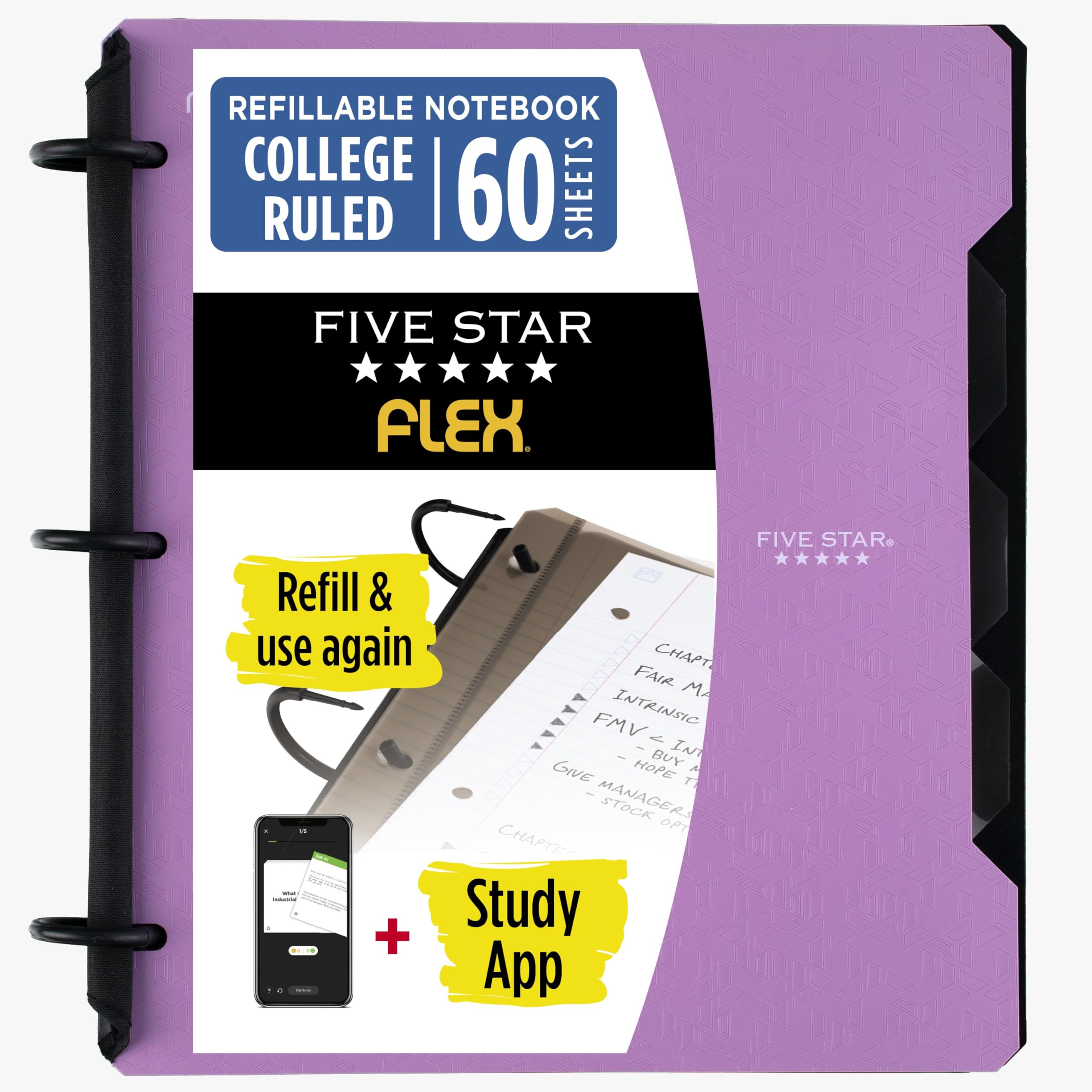 Photo 1 of Five Star Flex Refillable Notebook + Study App 1 Inch O-Rings Binder with Pockets Tabs and Dividers, 220 Sheet Capacity, Includes 60 Sheets 8.5" x 11" College Ruled Paper, Amethyst (29328AB6)