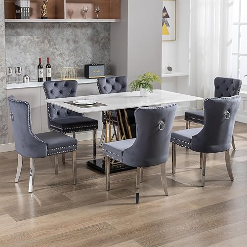 Miniatura 9 de Juego de 2 sillas de comedor, sillas de terciopelo copetudas con patas modernas de acero inoxidable, anillo de metal con ribete de remache, respaldo