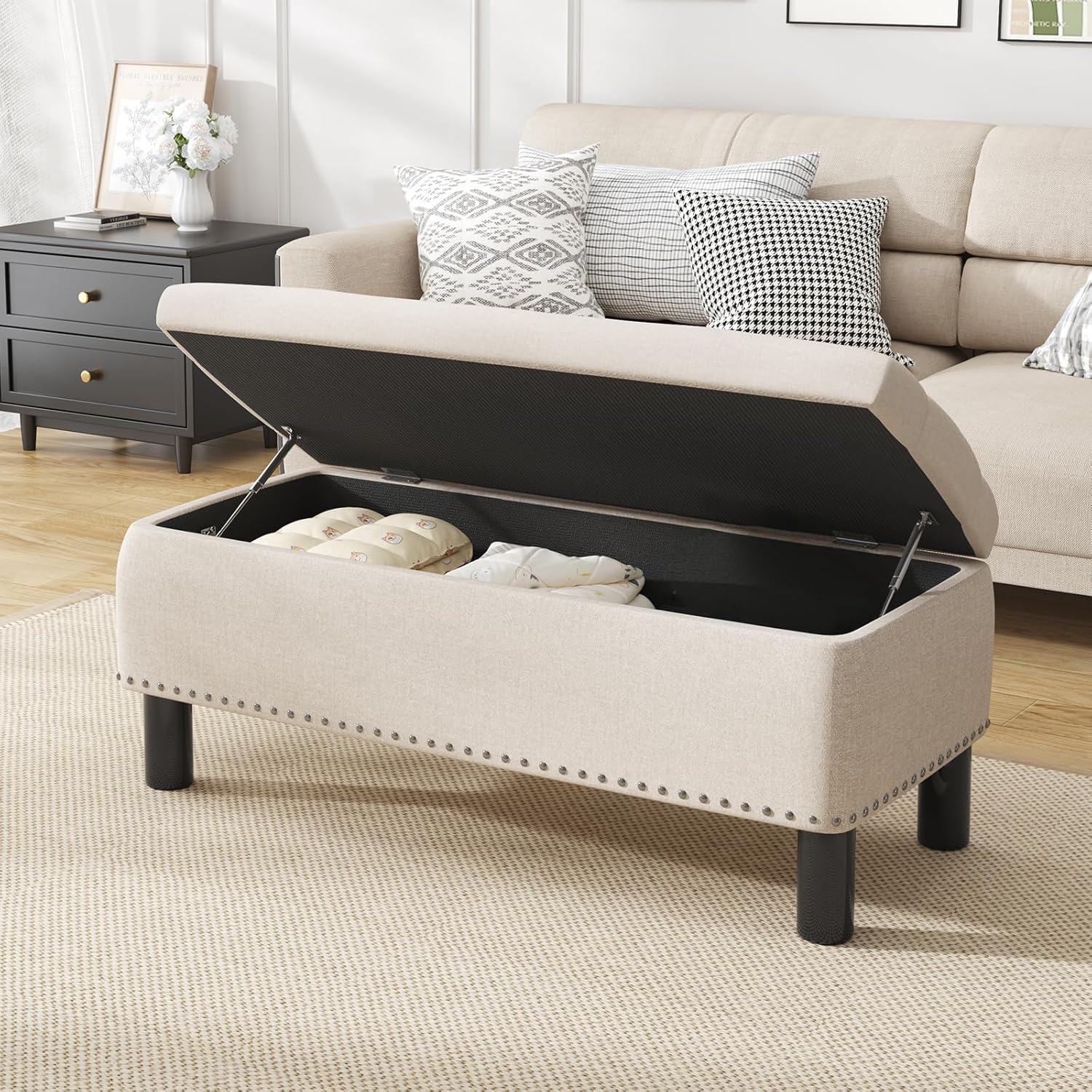 Furniliving Large Storage Ottoman, Beige, Wood Frame, Linen Fabric, 285 Lbs Capacity