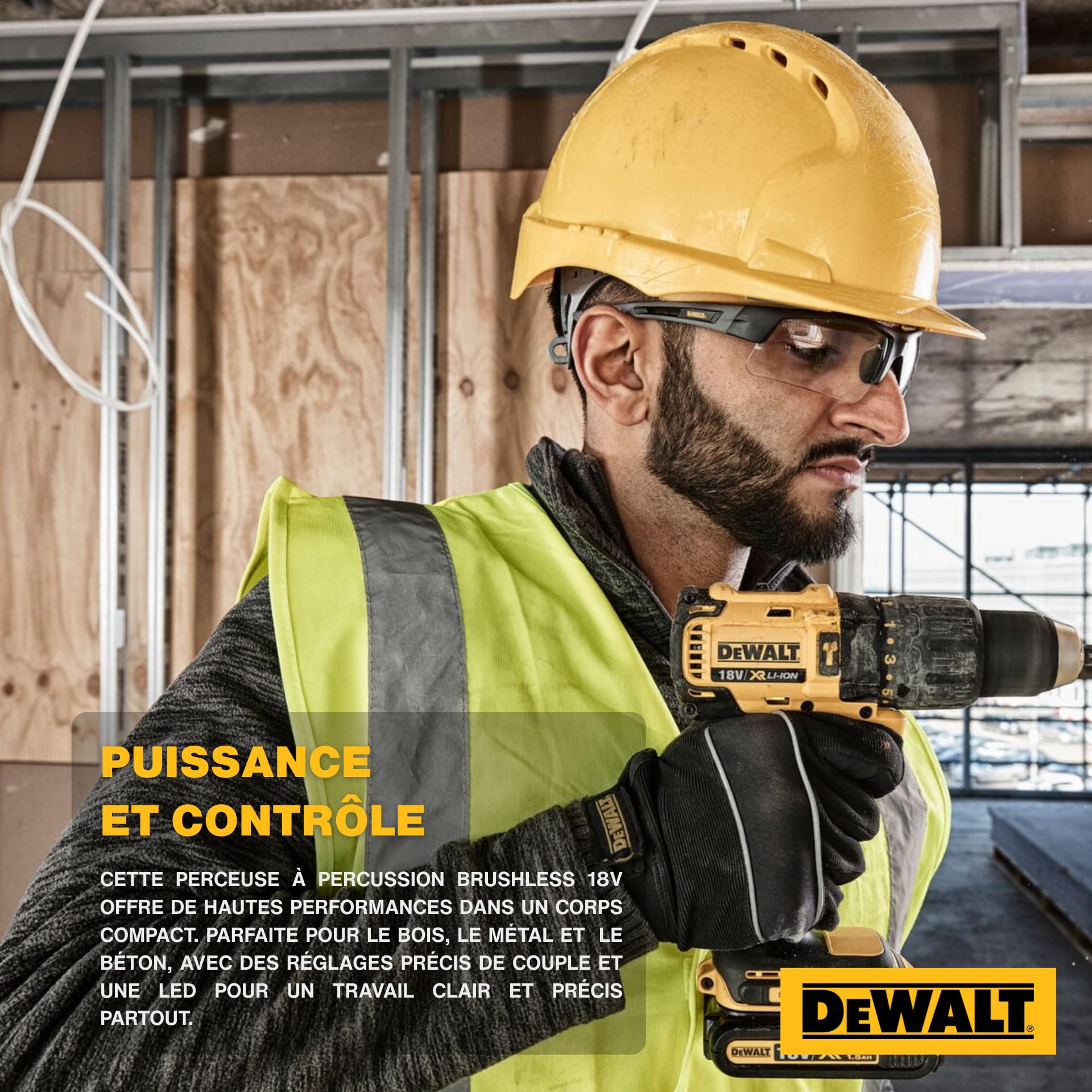 DEWALT Perceuse-visseuse à percussion compacte sans fil, XR 18V brushless, éclairage LED, performance polyvalente, livrée avec 2 batteries XR Li-Ion 2Ah, chargeur et coffret, DCD778D2T-QW
