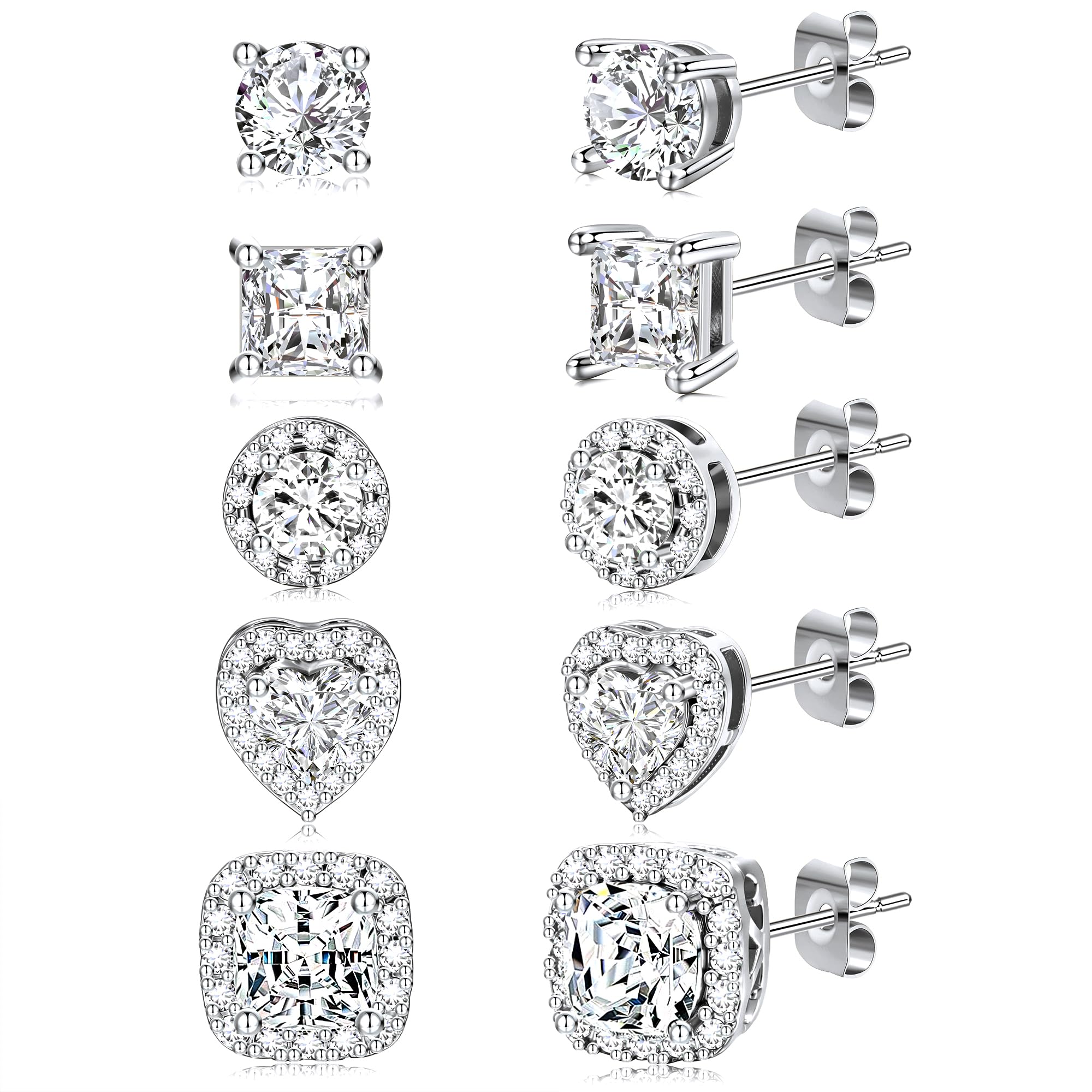 5 Pairs 14K Gold Plated Stud Earrings for Women, CZ Multiple Piercing Set