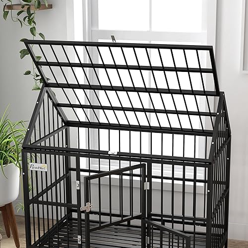 Miniatura 9 de PawHut Jaula para perros de 48 pulgadas, resistente jaula para perros grandes indestructibles de acero fuerte con 4 ruedas con cerradura, puertas