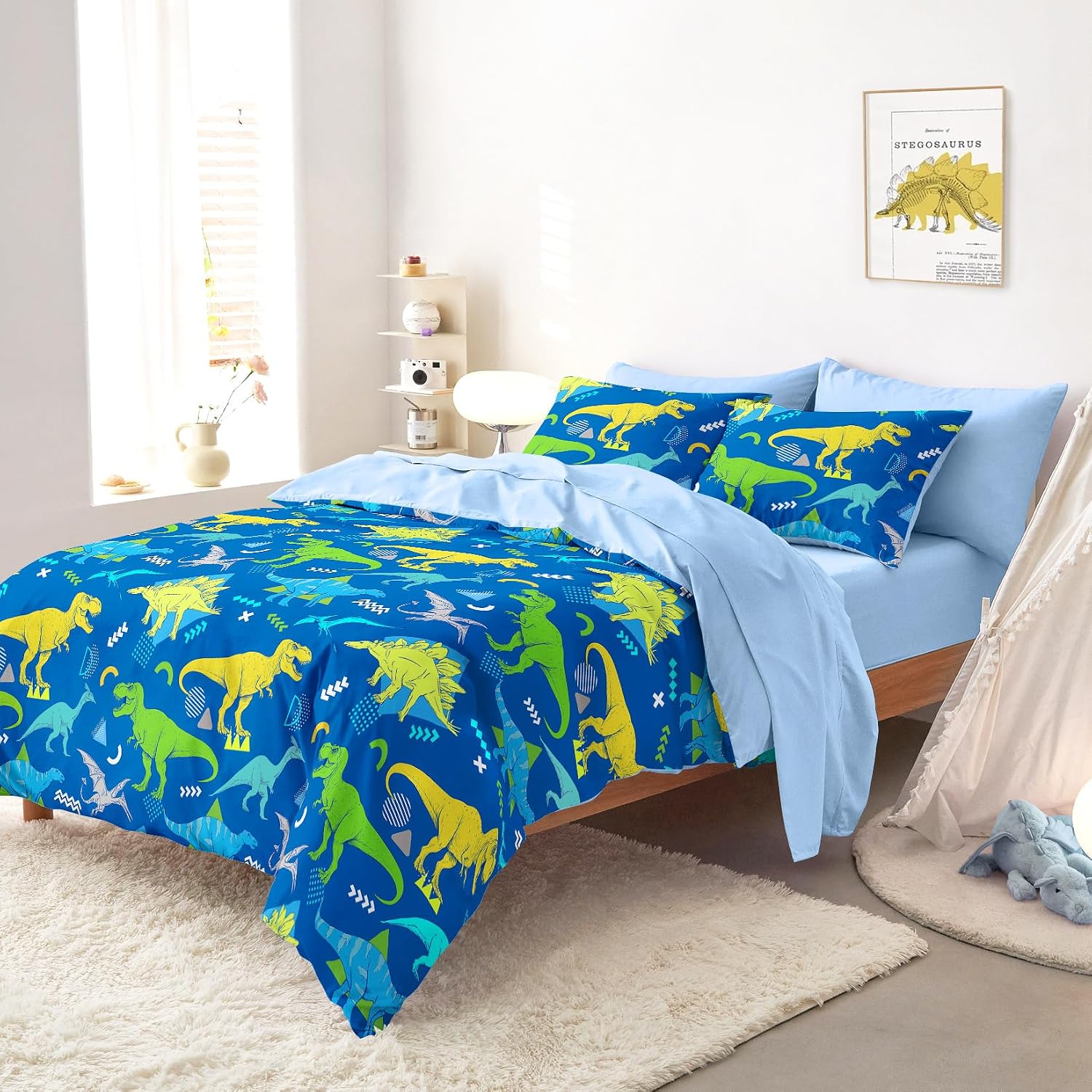 Wake In Cloud - Dinosaur Bedding Set for Boys, Jurassic Dino World Sketch, Soft Lightweight Comforter Set with Sheets, 5 Pieces Kids Bed in a Bag, Royal Blue, Twin Size