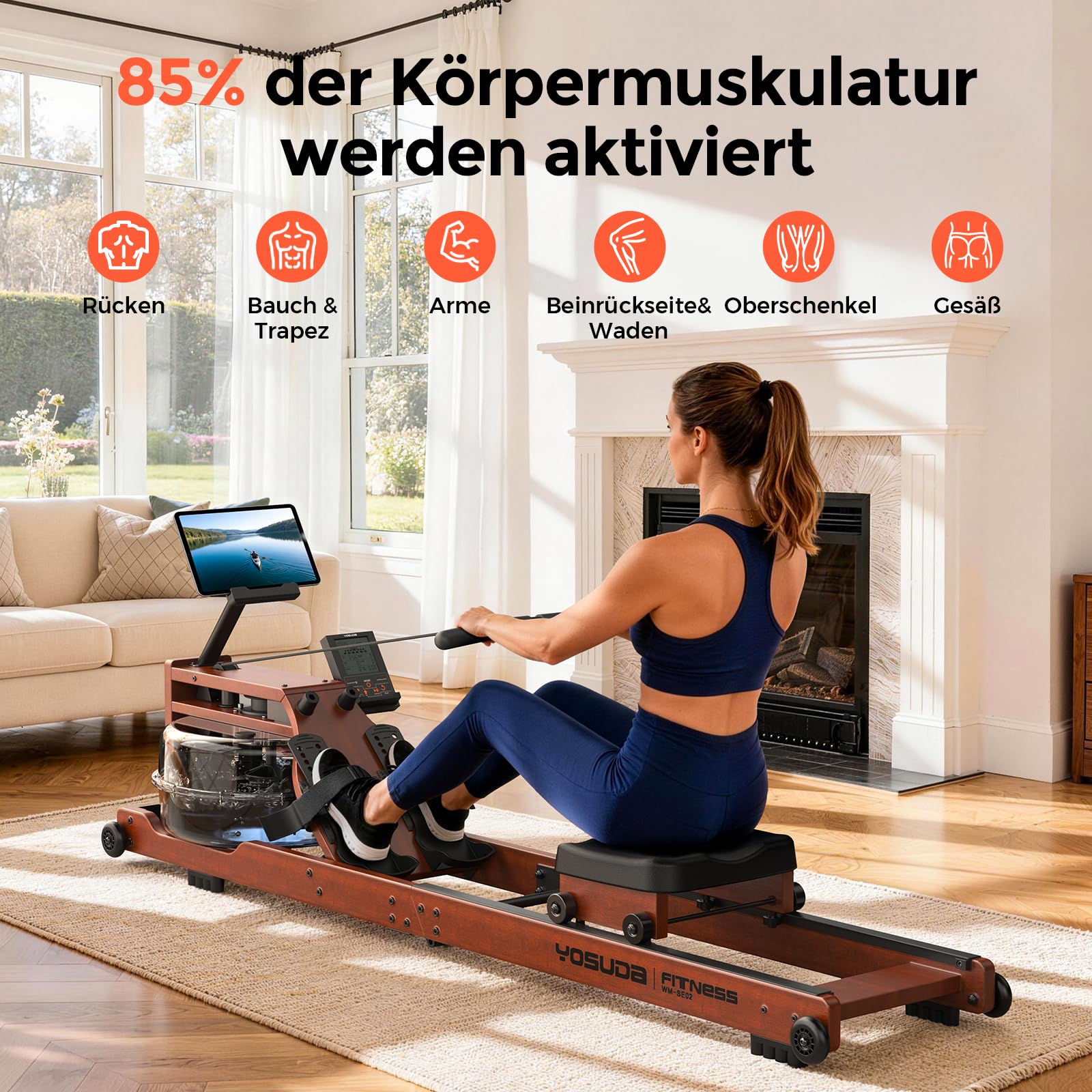 YOSUDA 2026 Neu Rudergerät Wasser, max. 190cm/182kg, 22-Liter-Wassertank, Rudergerät für Zuhause Klappbar Holz mit Bluetooth Display & Verstellbarer Handy-Halter, ultraleise Rudermaschine, waterrower