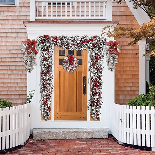 Miniatura 7 de Corona de Navidad para puerta delantera, inalámbrica, rojo y blanco, adornos navideños para colgar en la pared, guirnalda de Navidad, corona de