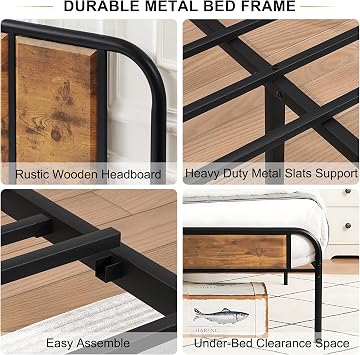 VECELO Single Bed Frame with Brown Wood Headboard