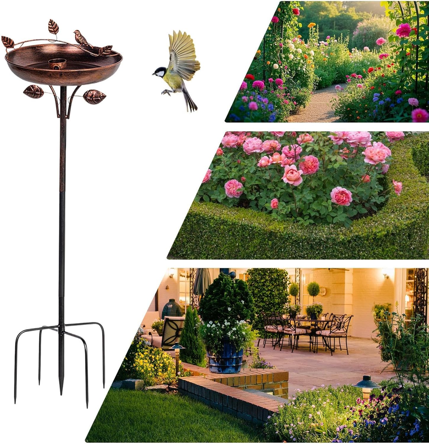 Birdbaths for Outdoors - 41 Inch Tall Metal Yard Birdbath | Bird Feeder with 5 Prongs Base Stake - for Garden Patio Balcony Ground Flower Bed Yard Lawn Park