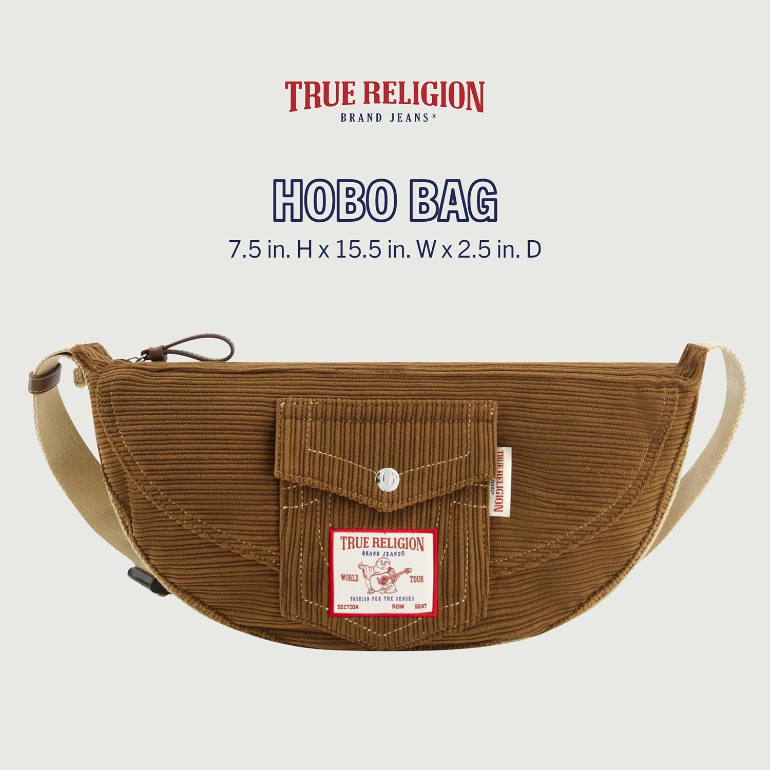 True Religion Women's Shoulder Bag Purse, Corduroy Soft Hobo Handbag with Adjustable Removable Strap