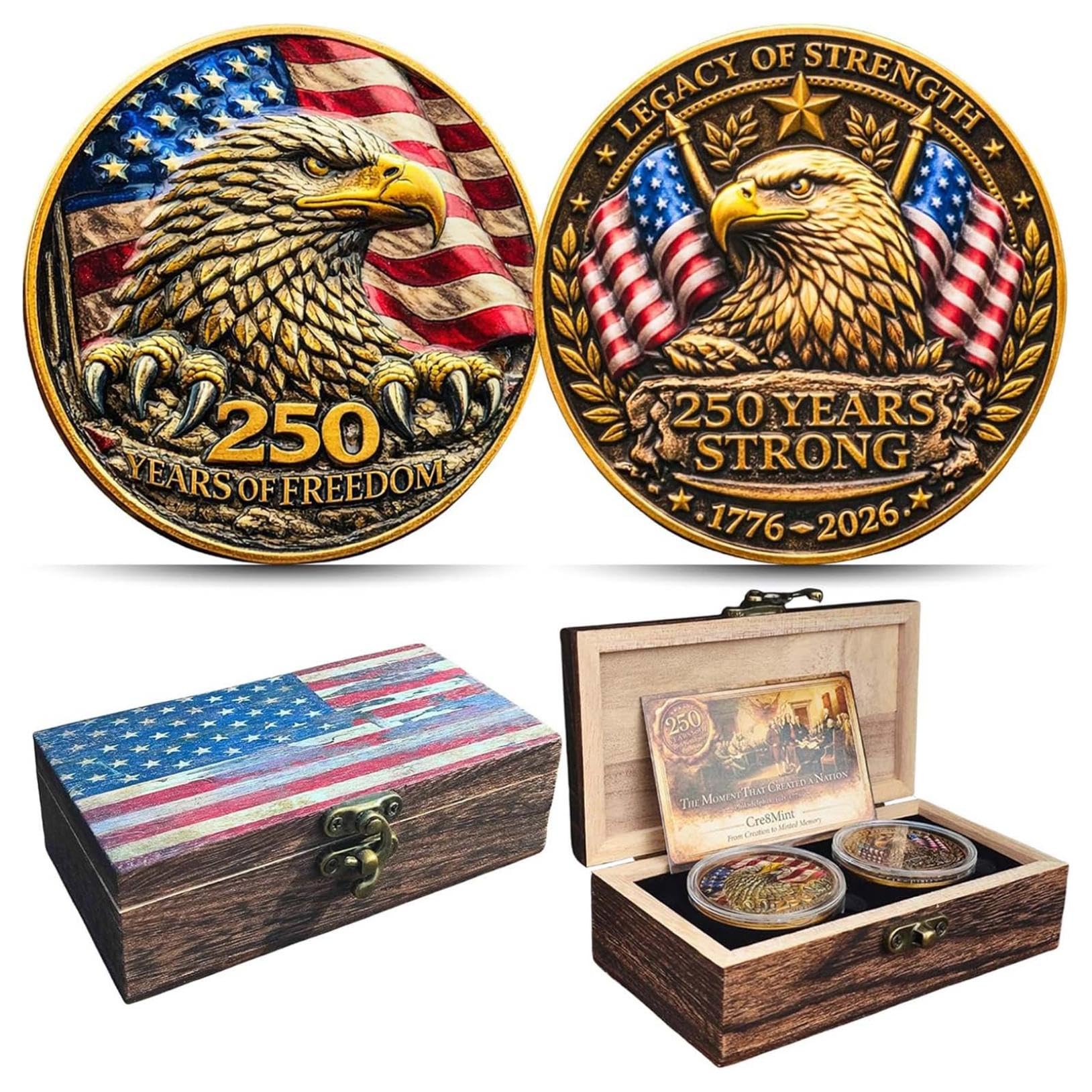 250th Anniversary USA Commemorative Coin Set including Wooden Gift Box, Patriotic Eagle & Liberty Bell Coins