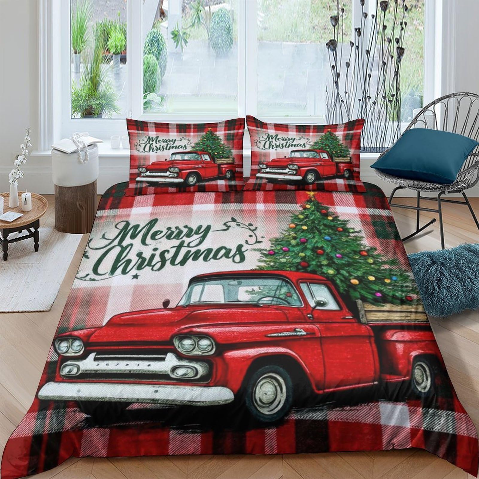 Ctjqhvkz Style-6 3D Printed Red Christmas Truck Fitted Sheet Microfiber Soft Festive Tree Bed Cover For Bedroom Guest Room Easy Care Single（135X200cm）