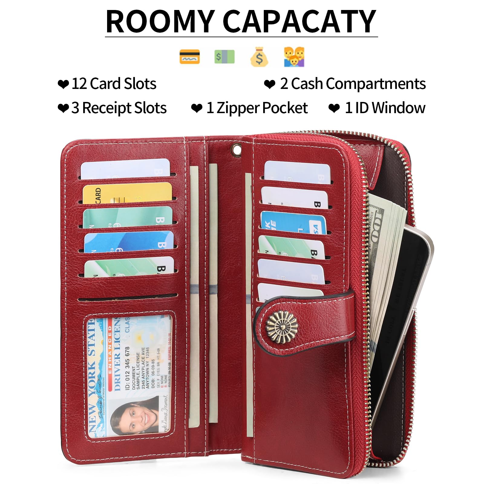 GOIACII Portefeuille Femmes en Cuir Grande Capacite Porte Monnaie RFID Blocage avec Chequier 13 Emplacements pour Cartes et Bracelet