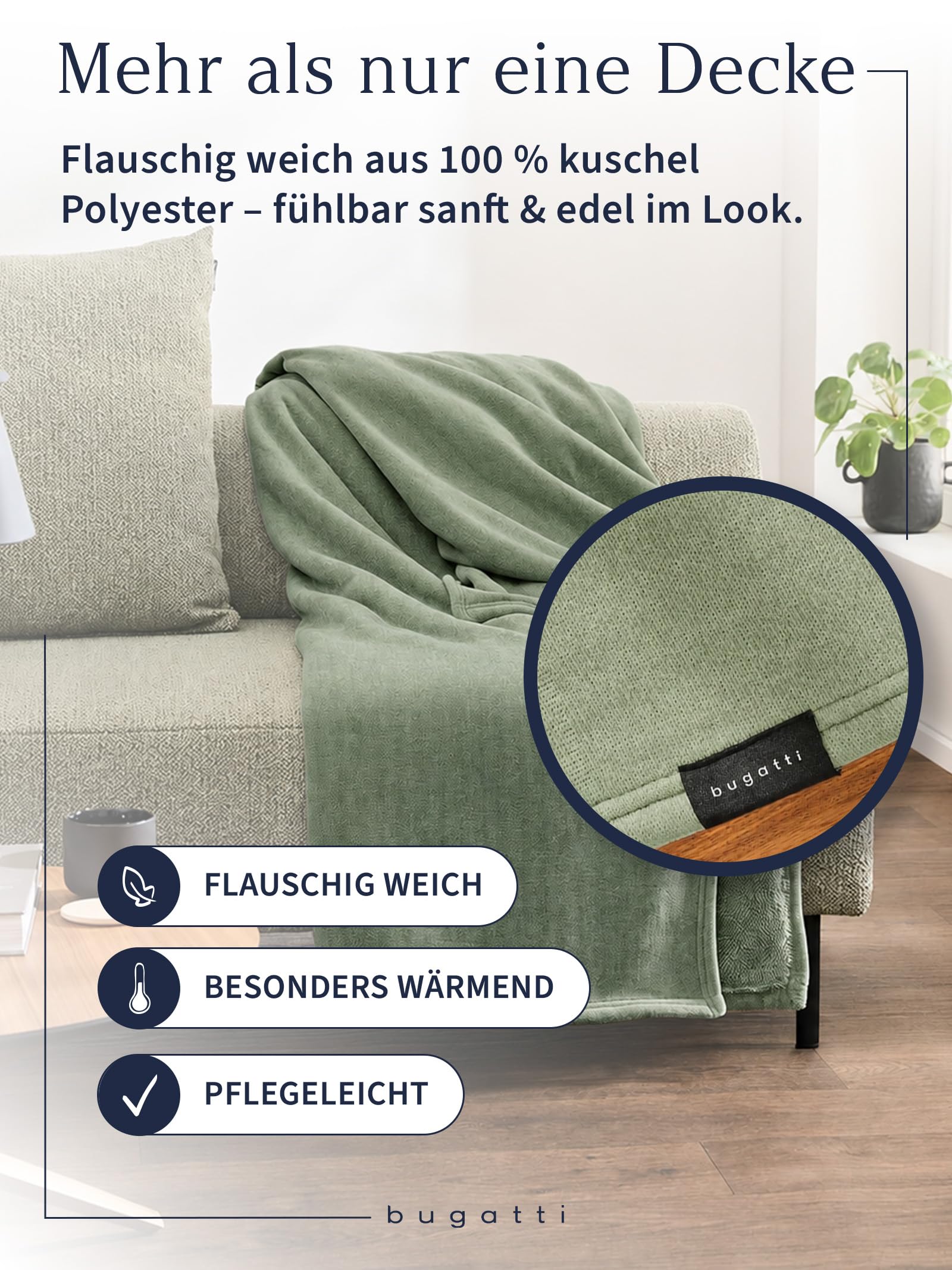 bugatti Decke Doppio Soft 160x220 - Polyesterflausch kuschelig, warm & waschbar, XXL Kuscheldecke grün