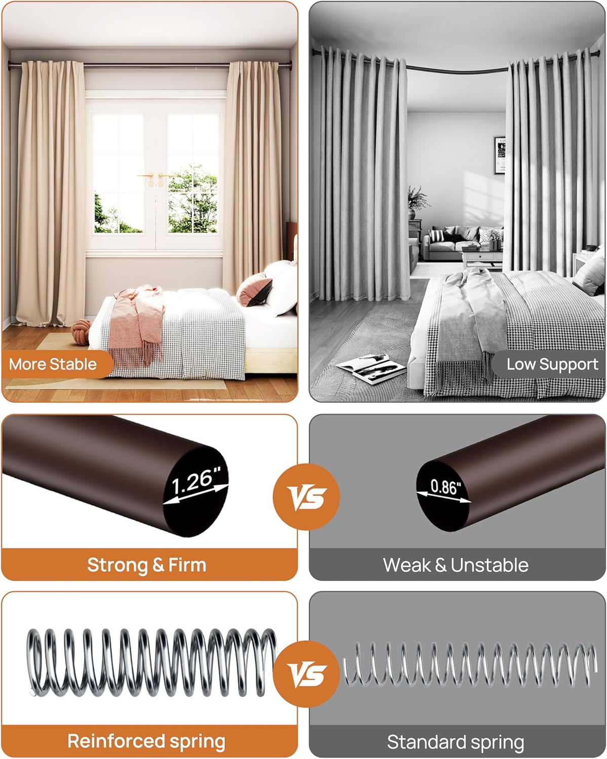 ALLZONE Tension Curtain Rods for Windows 66 to 120 Inch, Heavy Duty Curtain Rods No Drilling, Extra Long Tension Rod for curtains, Outdoor Tension Rods for Patio, Bedroom, Dark Brown
