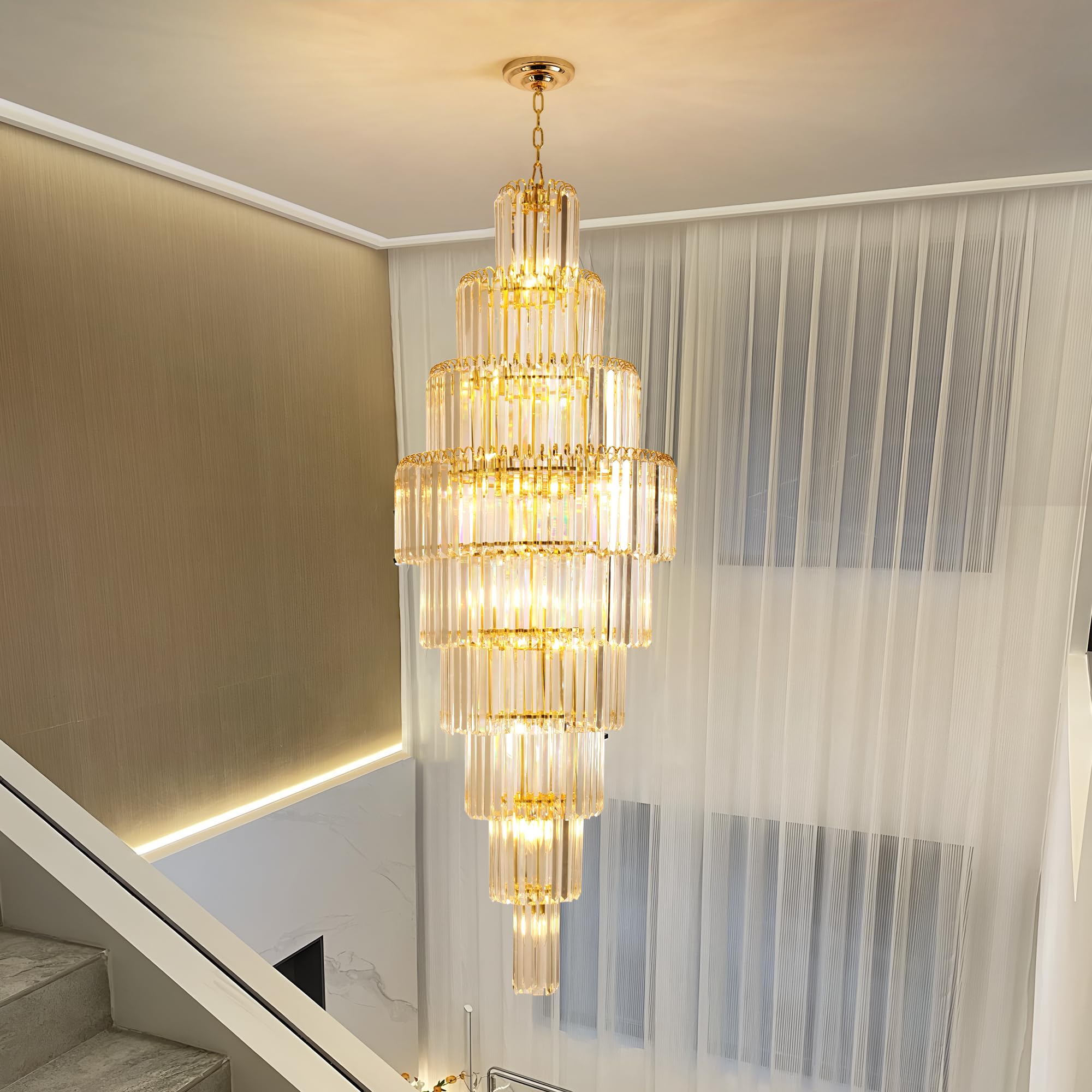 Photo 1 of Puvaue Luxury Modern Gold 9-Tier Crystal Chandelier for High Ceiling Foyer Staircase Large Entryway Light Fixture Dia23.7 20 Lights