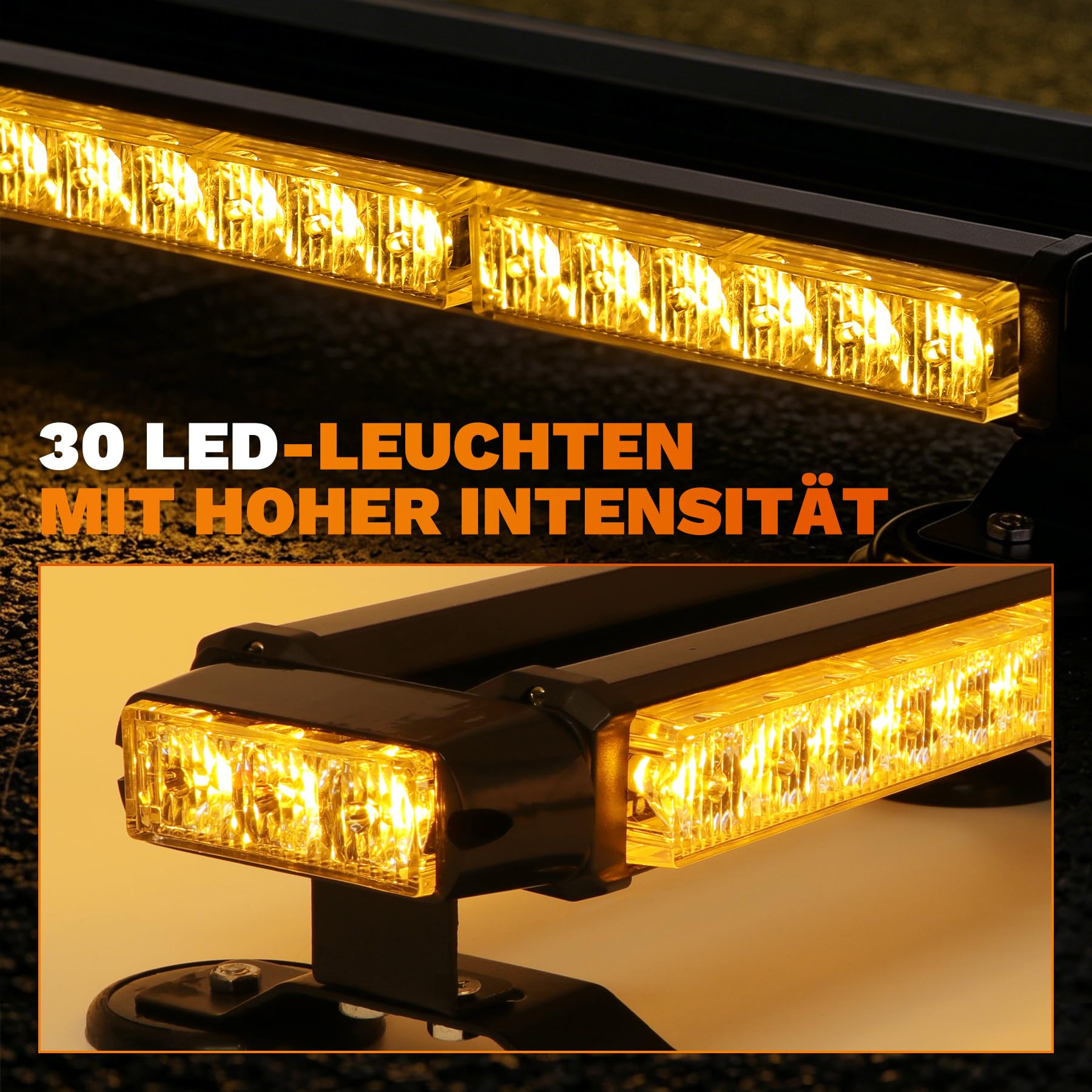 30 LEDs Blinklicht – Wiederherstellungswarnung, Stroboskoplicht, IP65 mit 4 Magnetsockeln, 7 Blitzmustern für 12 V/24 V Notfall für Fahrzeuge, Auto, Anhänger, Dach (bernsteinfarben)