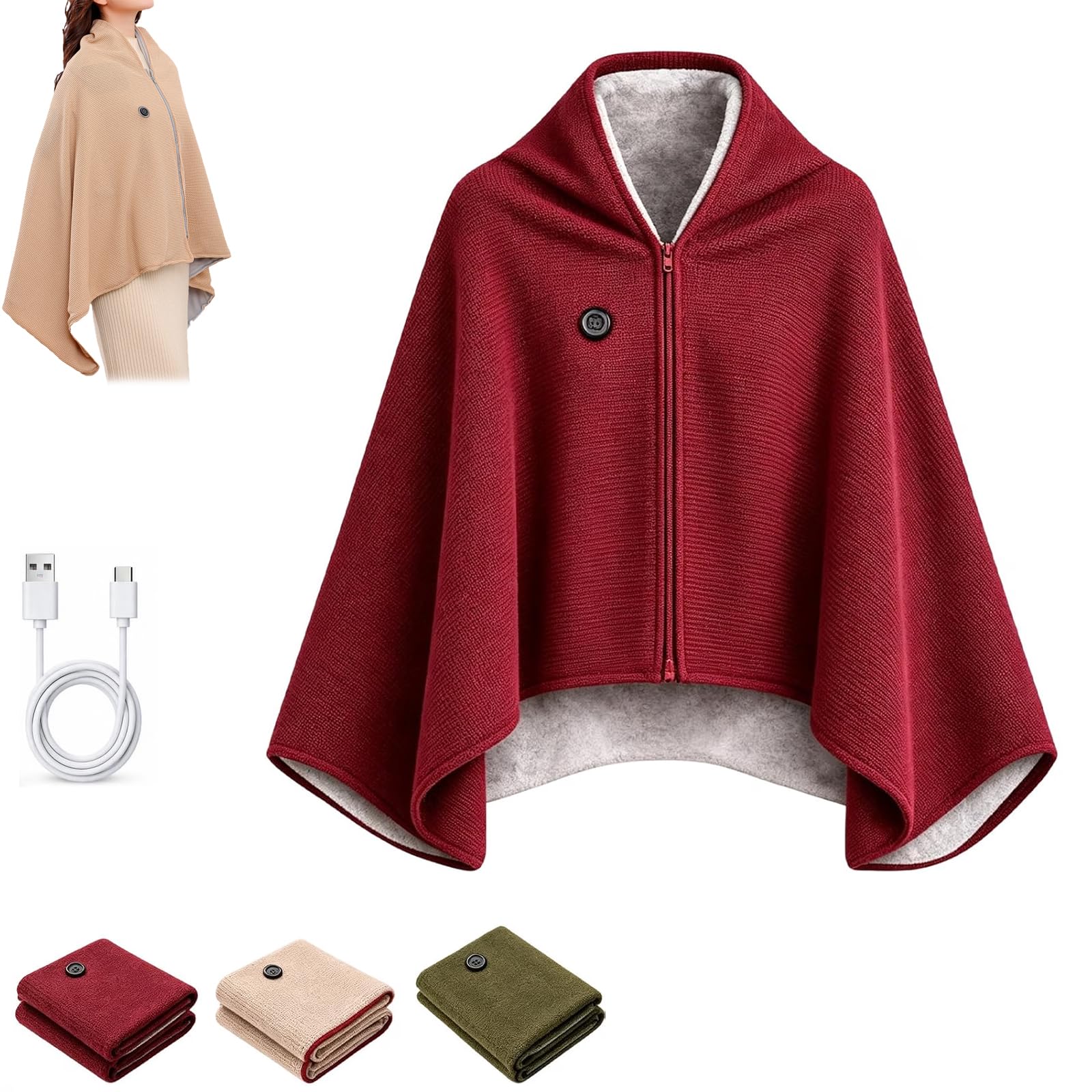 2027 Upgraded Heated Shawl Wraps for Women-Cordless Heated Blanket (Red)