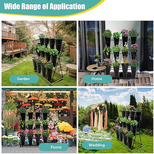 Miniatura 7 de Soporte de exhibición de flores con 12 cubos de plástico, 3 capas de metal para plantas con ruedas, estante de floristería móvil resistente para