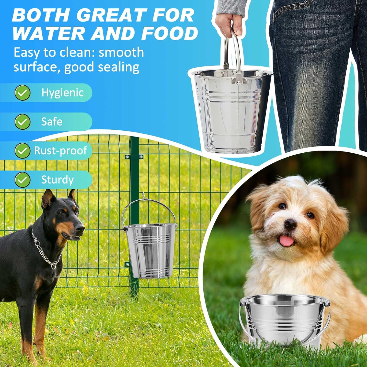 Hicarer 10 Pcs Dog Stainless Steel Bucket Heavy Duty Water Bucket for Dogs Metal Bucket with Handle Small Metal Pail for Pet Cat Puppy Food and Water Storage Milking Goats Small Animals (6.3 Quart)