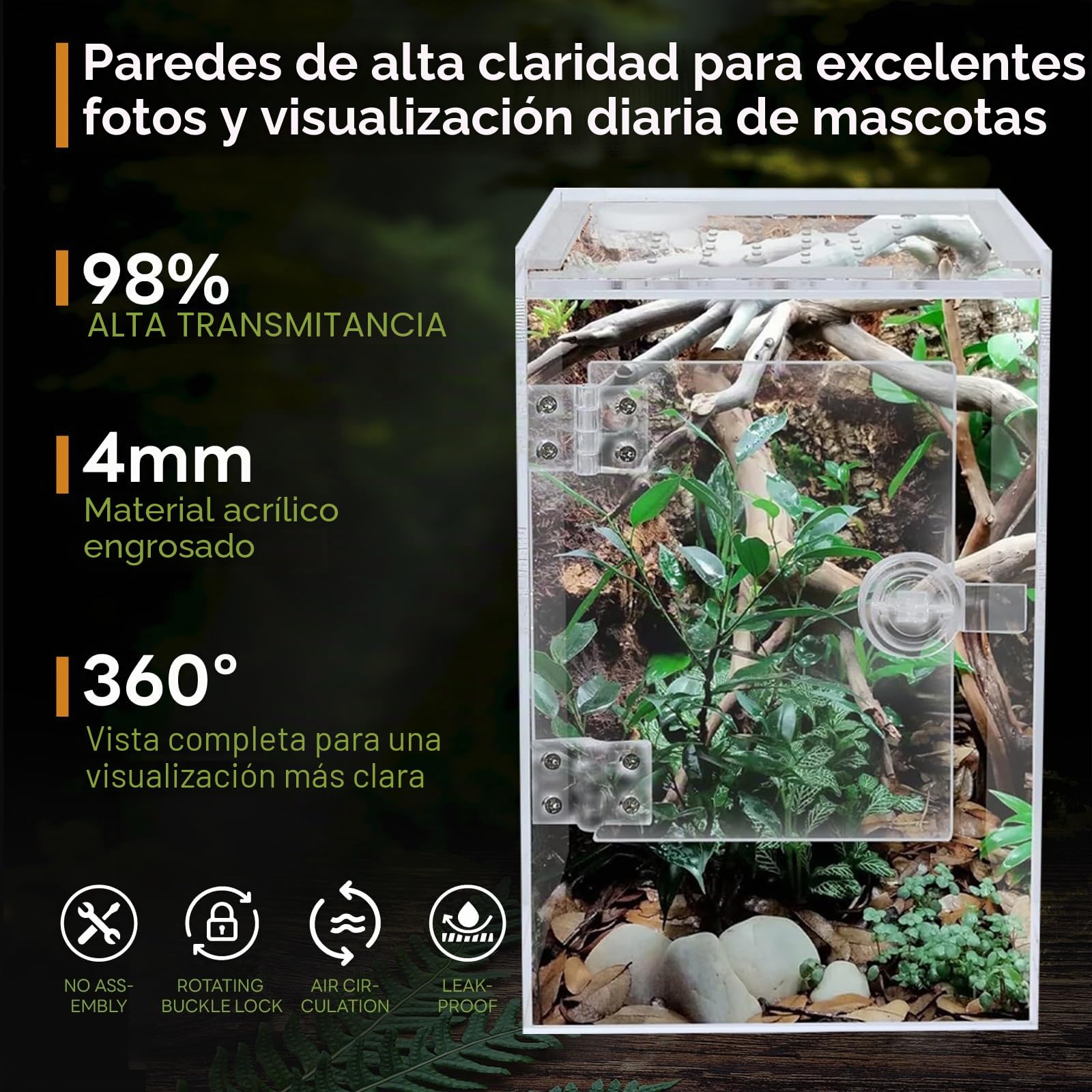 Terrario, 360° Terrario Reptiles Transparente,Terrario Insectos Acrílico | 20x20x30CM,Caja de Cría para Araña Saltadora, Gecko, Lagarto Dragón Barbudo, Caracol, Insectos Palo, Rana Arbórea