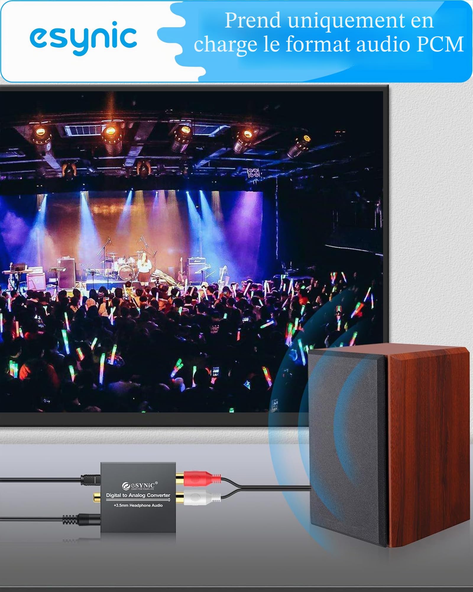 eSynic DAC convertisseur audio numérique vers analogique RCA L/R 3,5 mm câble optique PS3 Xbox 360 HDTV