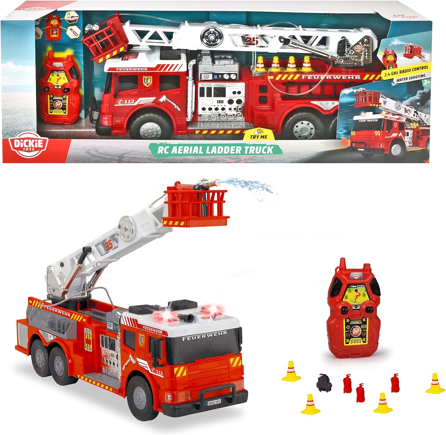 Dickie Toys RC Fire Engine Rotating Ladder 360° Light & Sound Water Spray Function Accessories 62 cm Red