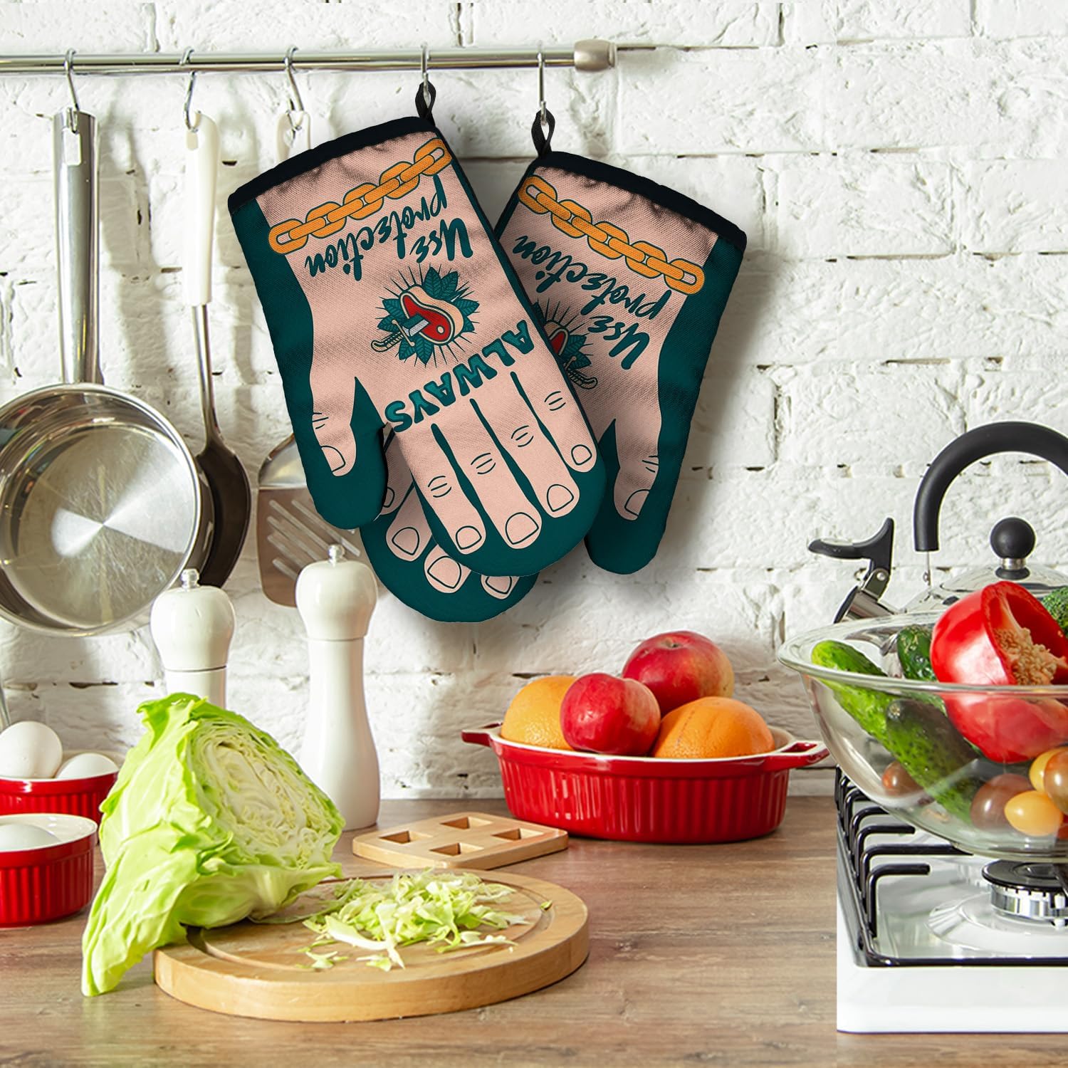 ZHANTUONE Always Use Protection Funny Heat Resistant Oven Mitts 2-Piece Set with Silicone Non-Slip, Humor Home Kitchen Cooking Baking Gadgets, Gifts for Bake Lover Bakers Husband Wife Sister BFF - Image 4