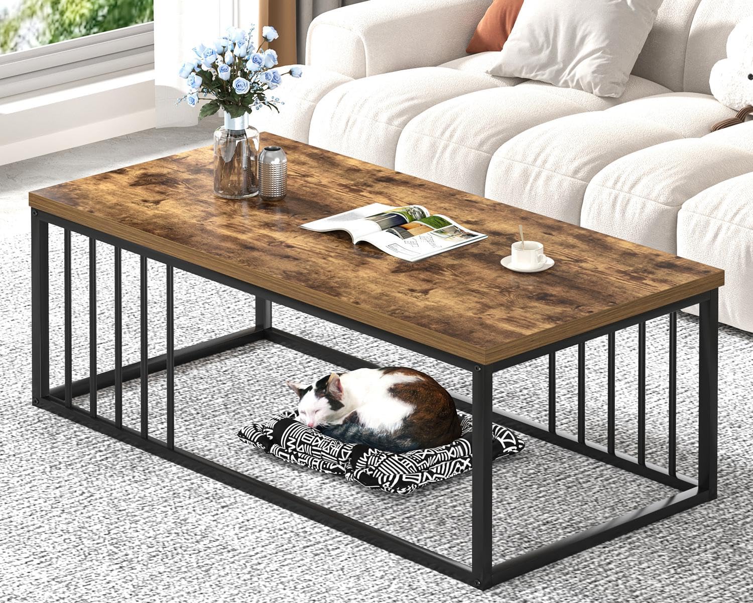 FOLUBAN Coffee Table Modern Wood and Metal Living Room Table Industrial Rectangle Cocktail Tea Table Rustic Brown 43