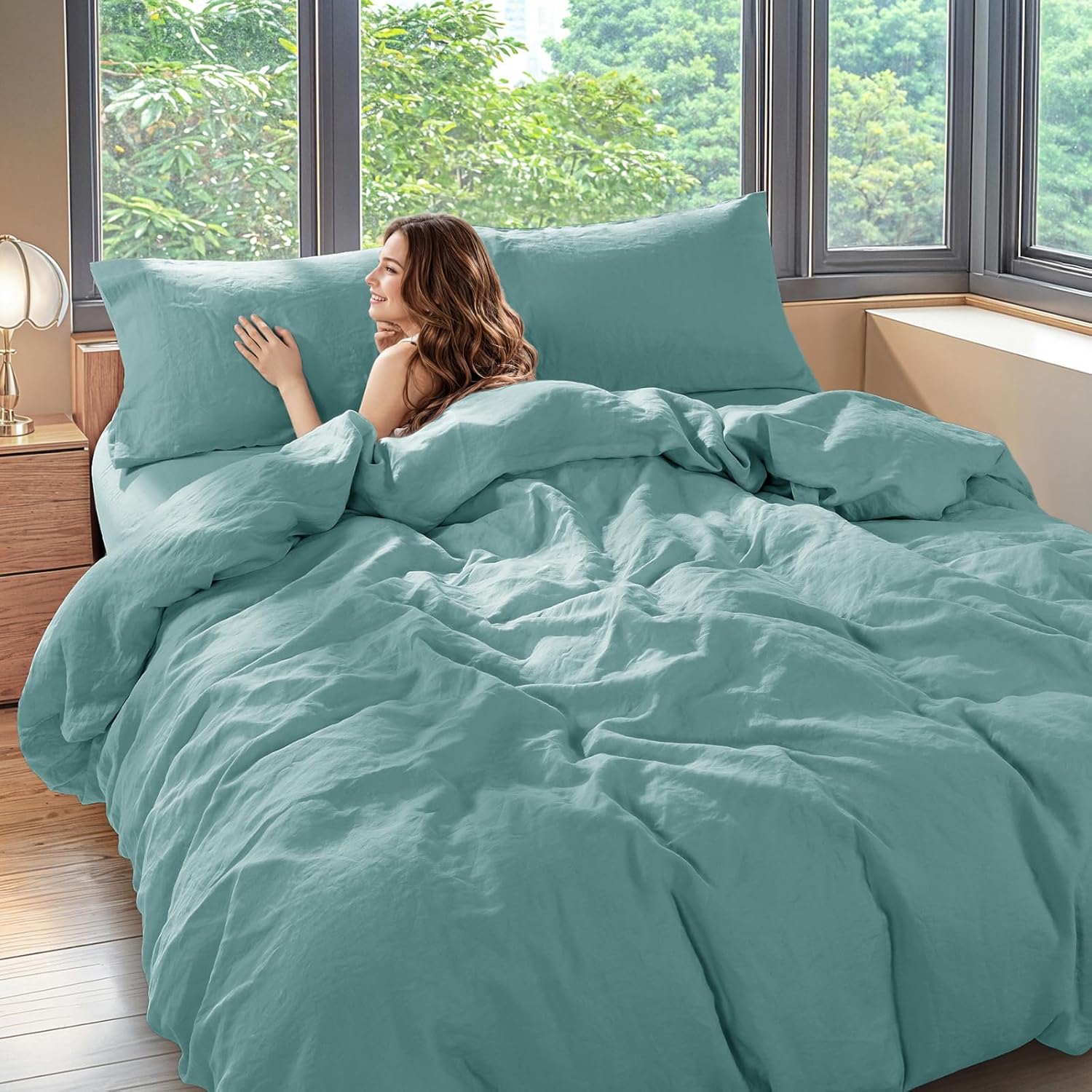Shilucheng 100% Linen Queen Duvet Cover Set, Luxury Pure Natural French Flax Linen Duvet Cover with Zipper Closure & Corner Ties, Cooling Breathable Comforter Cover 3 Piece (Aqua)