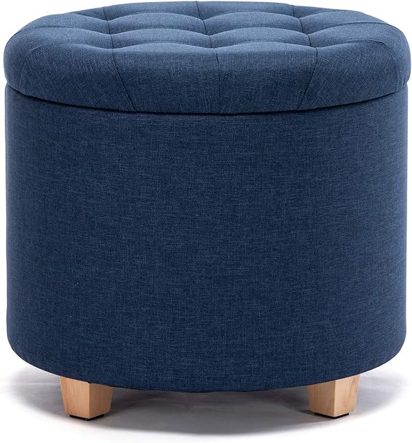 HNNHOME 45cm Round Linen Padded Seat Ottoman Storage Stool Box, Footstool Pouffes Chair with Lids (Navy)