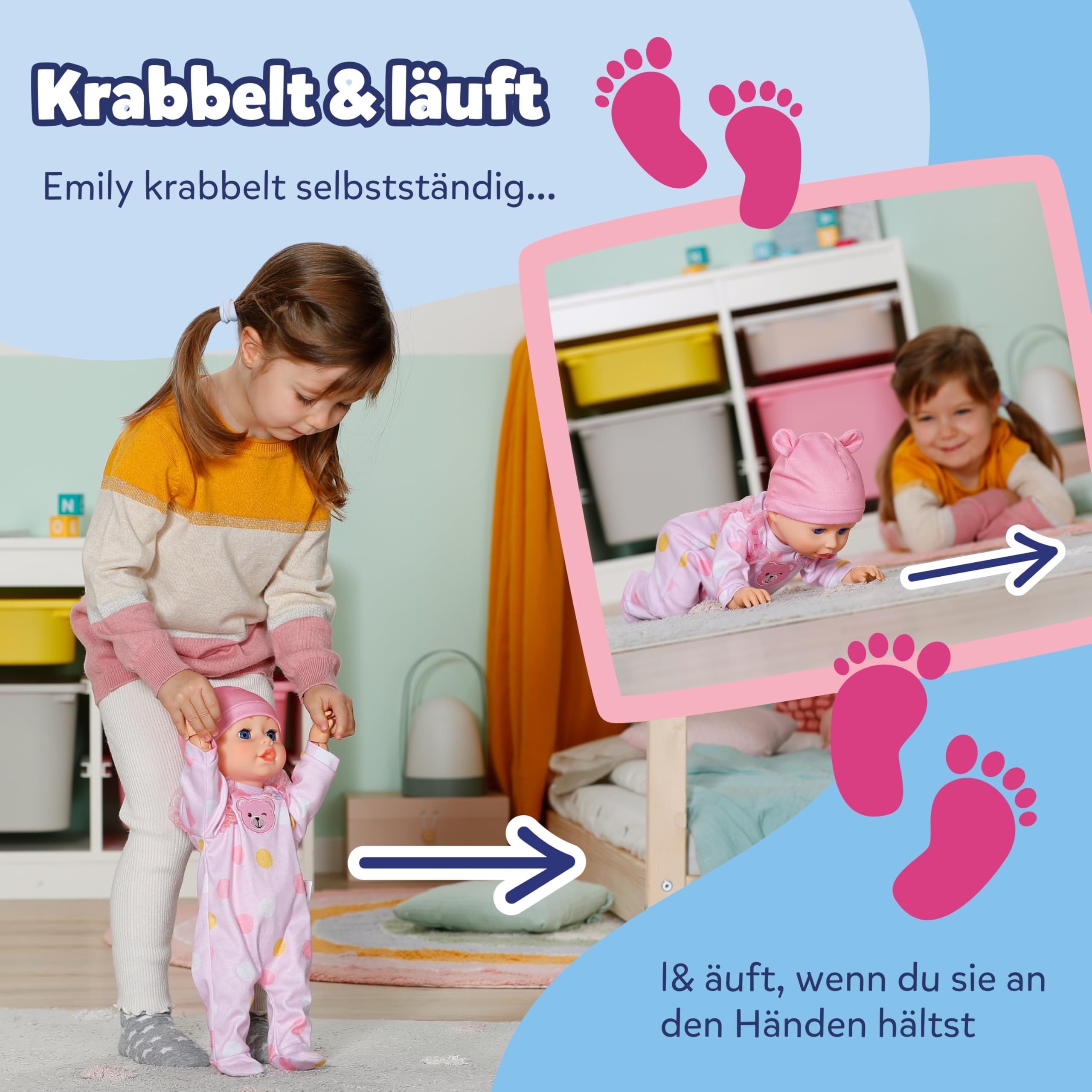 BABY Born Emily Lauf mit Mir - 43 cm Puppe mit elektronischen Funktionen - Krabbel- & Lauflernpuppe mit Soundfunktion - Inkl. rosa Strampler & Mütze - Geeignet für Kinder ab 3 Jahren