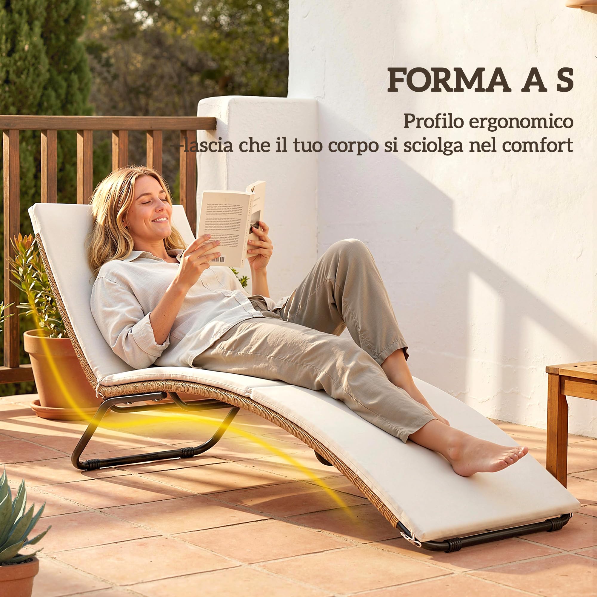 Outsunny Lettino Prendisole in Rattan Forma S con Cuscino 175x57x80cm Crema | Lettino da Giardino, Struttura in Acciaio, per Patio Spiaggia Piscina Giardino