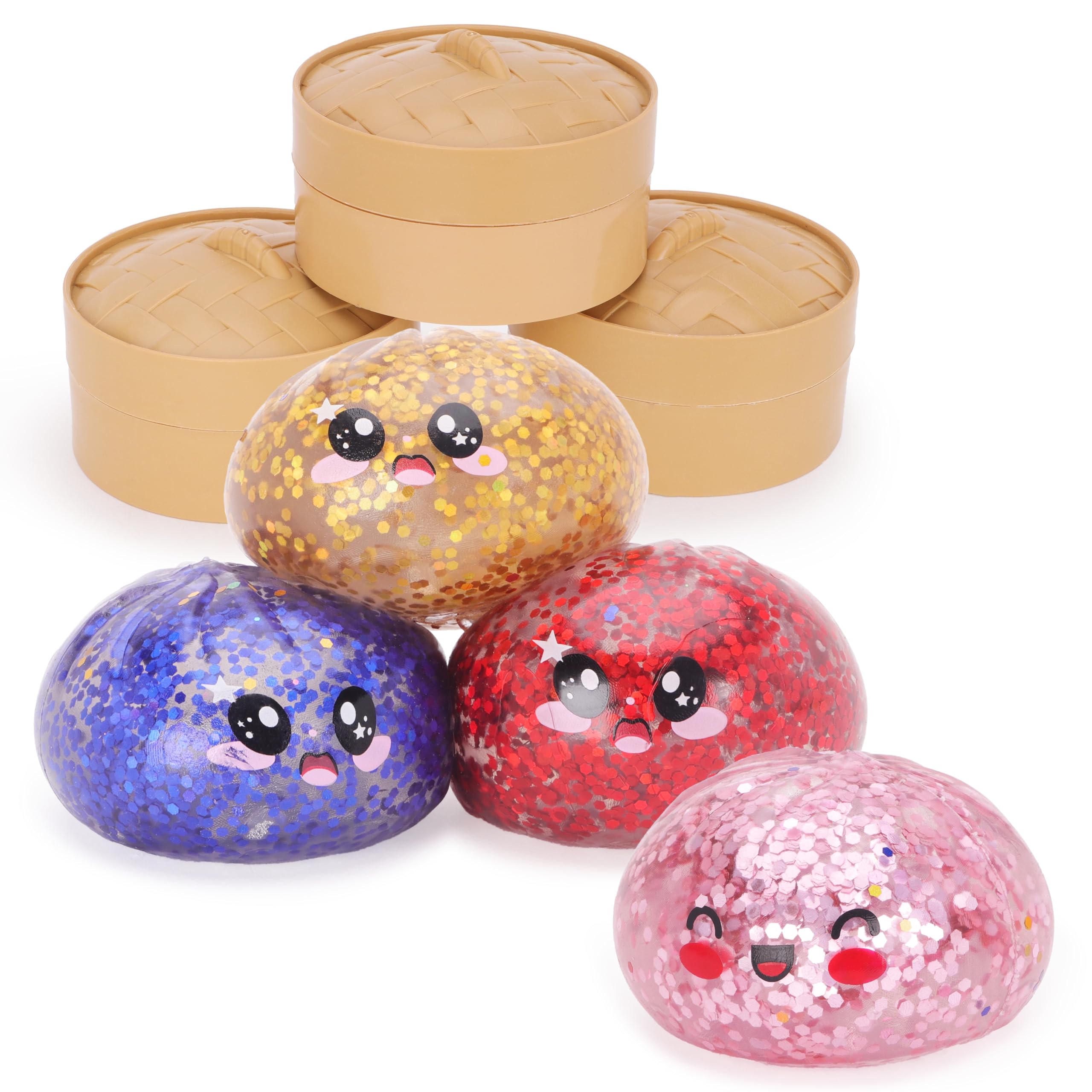 Toyland Mystery Glitter Squishy Bao Dumpling Giocattolo Sensoriale Antistress con Scatola di Plastica per la Vaporiera - Giocattolo da Spremere per Bambini - 1 Scelta Casuale - Età 3+