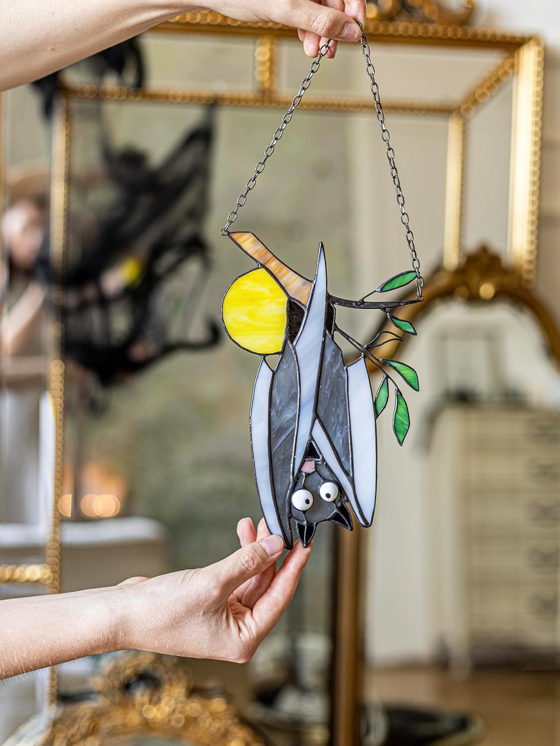 Halloween Glass Bat and Moon Stained Glass Sun Catcher. Gothic Tree Design Perfect for Home or Garden Decor. Dark-Themed Ornament for Window Wall Hanging. Gothic Housewarming Gift