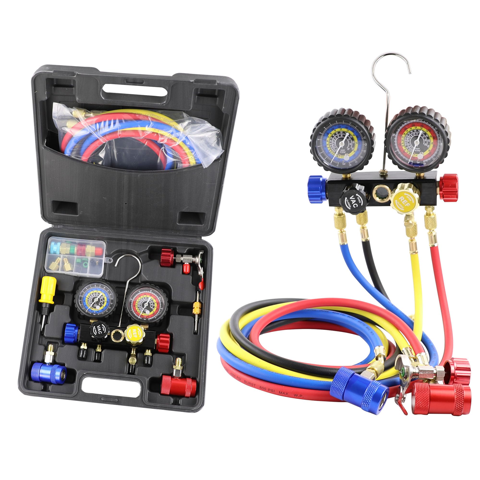 R1234yf R134a Krümmer-Messgerät-Set, 4 Ventilverteiler, kompatibel mit R1234yf R134A Kältemitteln mit 4-Wege-Schläuchen, Kupplungen, Adapter, kann Wasserhahn, Freon Recharge Kit