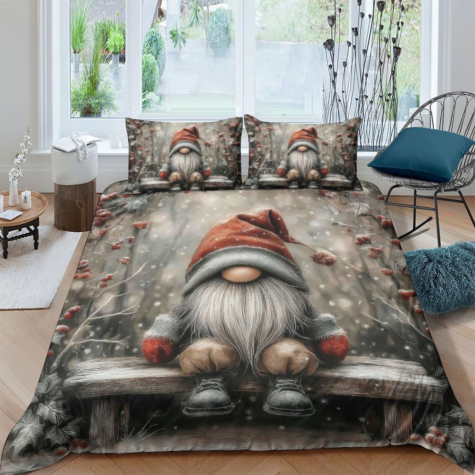 Ctjqhvkz Style-2 3D Printed Christmas Gnome Fitted Sheet Microfiber Soft Grey Red Nordic Elf Bed Cover For Bedroom Dorm Decor Single（135X200cm）