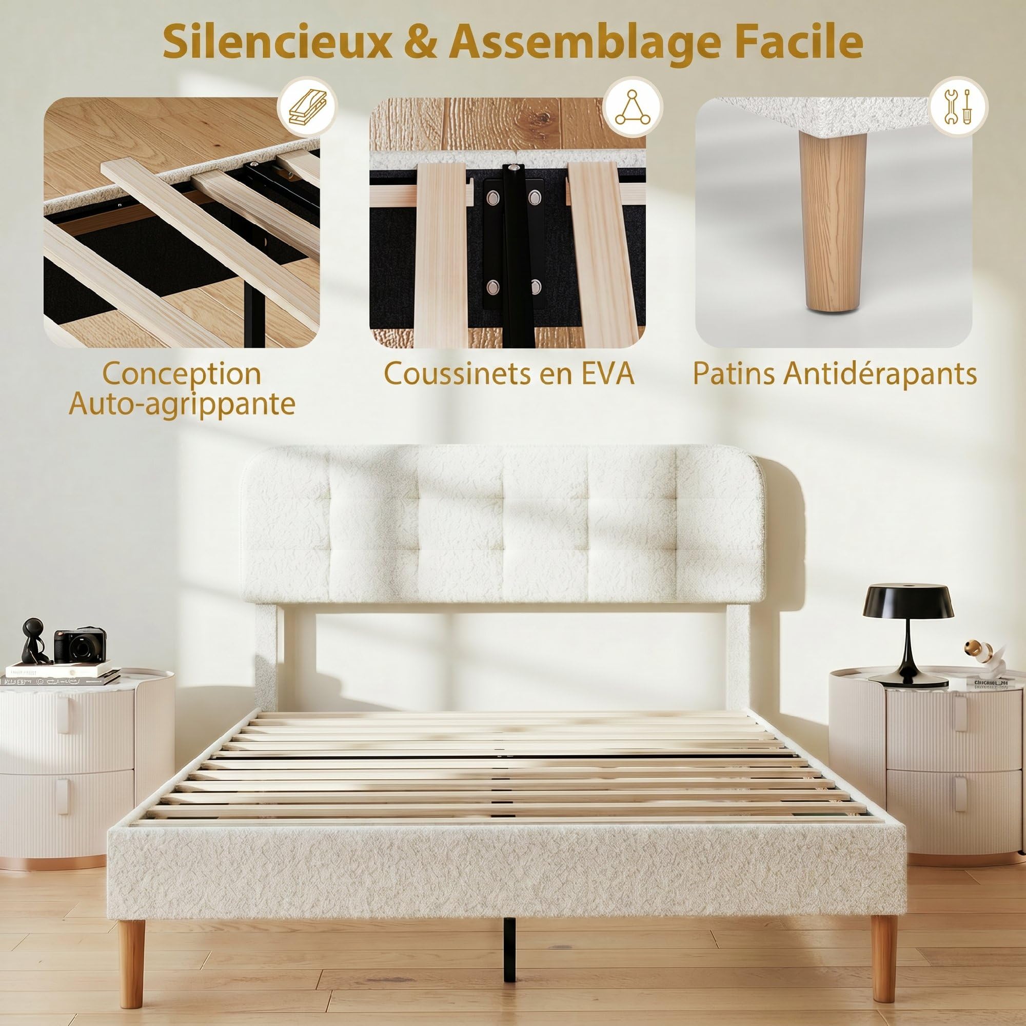 HOMCOM Cadre de lit 160 x 200 cm avec sommier, Tête Réglable, Blanc | Lit Double Rembourré Velours Boucle, Support à Lattes en Bois, Rangement au-dessous, Sans Bruit, Montage Facile