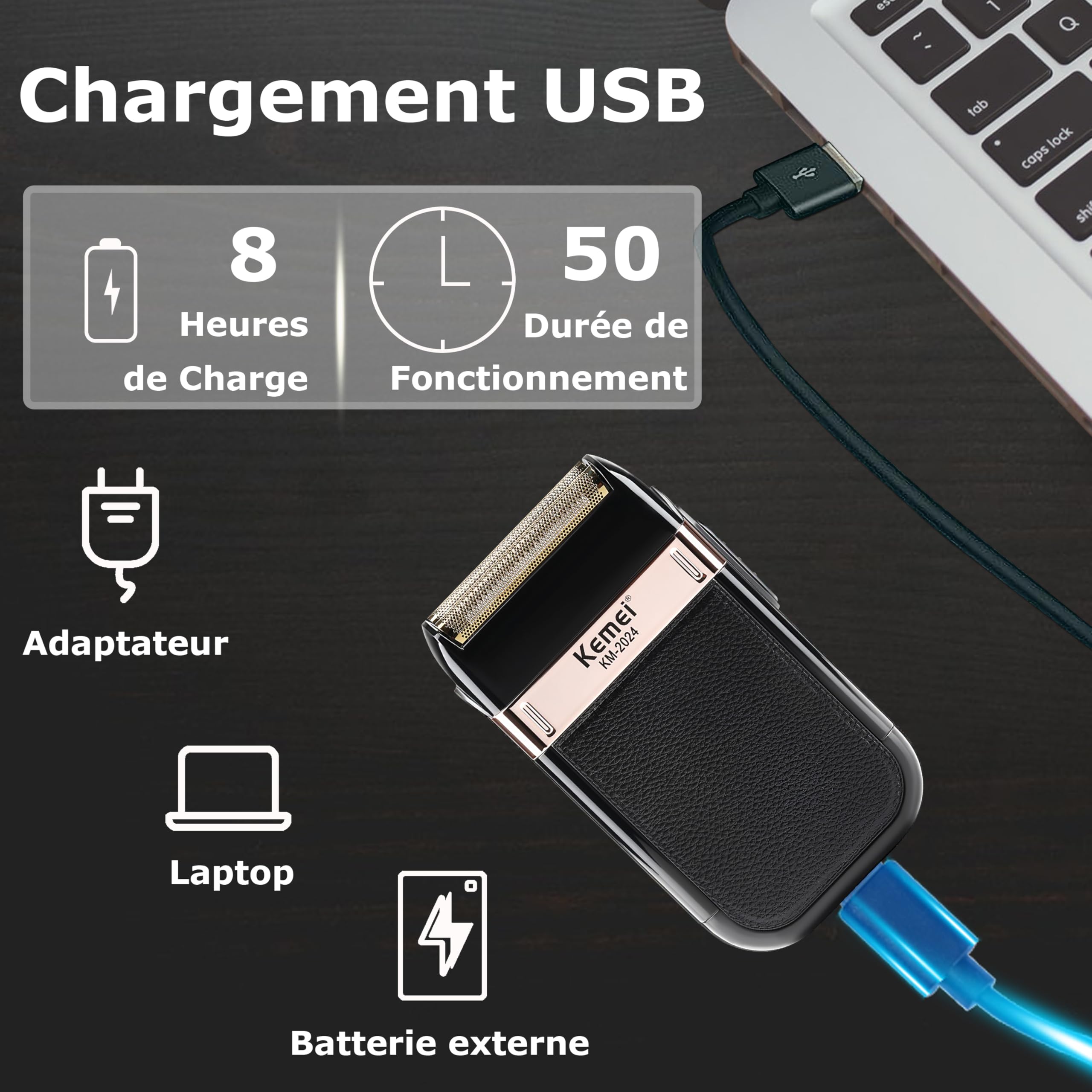 KEMEI Rasoir Électrique Sans Fil et Rechargeable pour Hommes, Idéal pour les Voyages, Shaver Humide et Sec, pour Couper les Cheveux et la Barbe, Cadeau pour Hommes