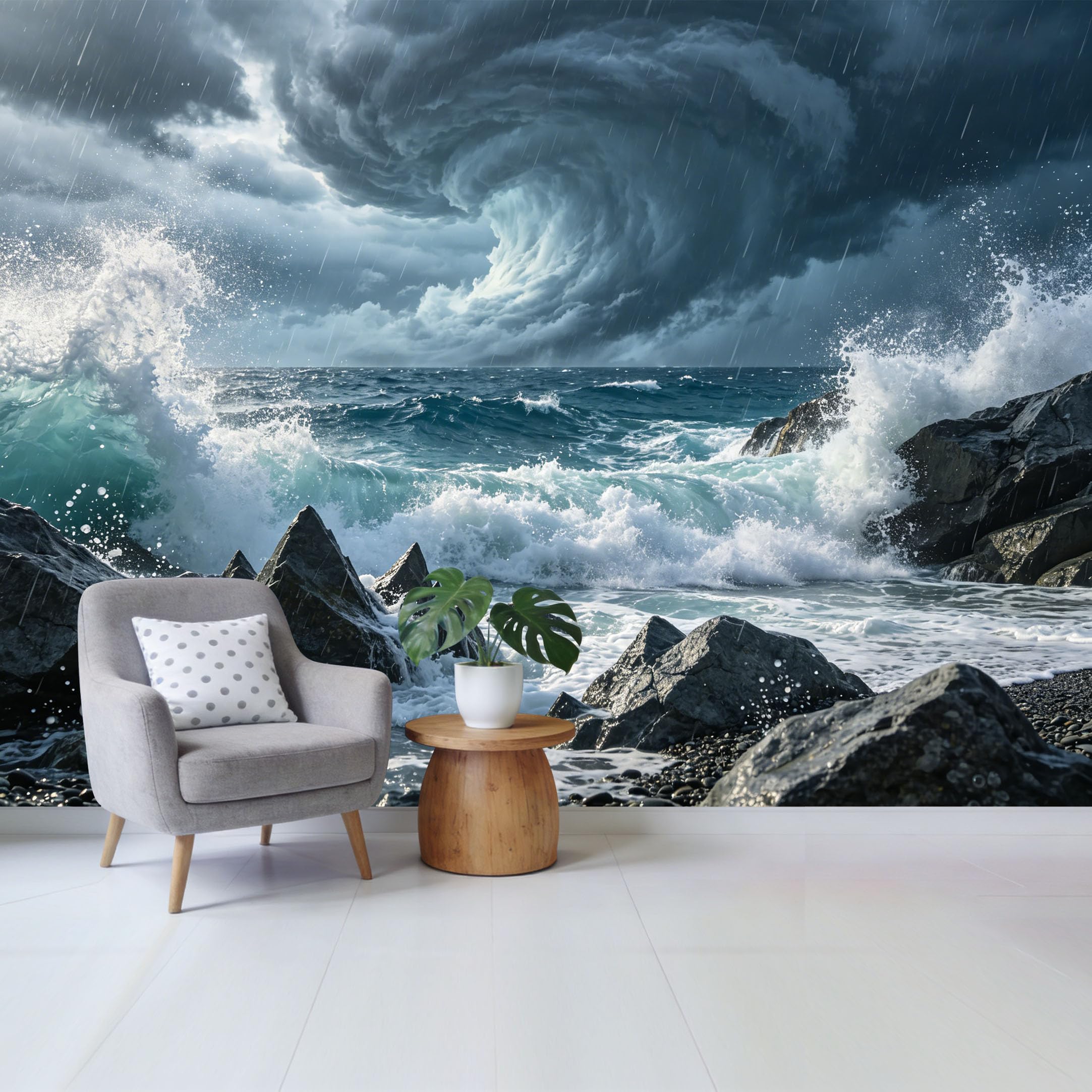 Custom Size Wall Mural Dramatic Stormy Ocean Waves Clouds Rocky Coastline Removable Self Adhesive Fabric，Home Wall Decor for Living Room Bedroom Bathroom