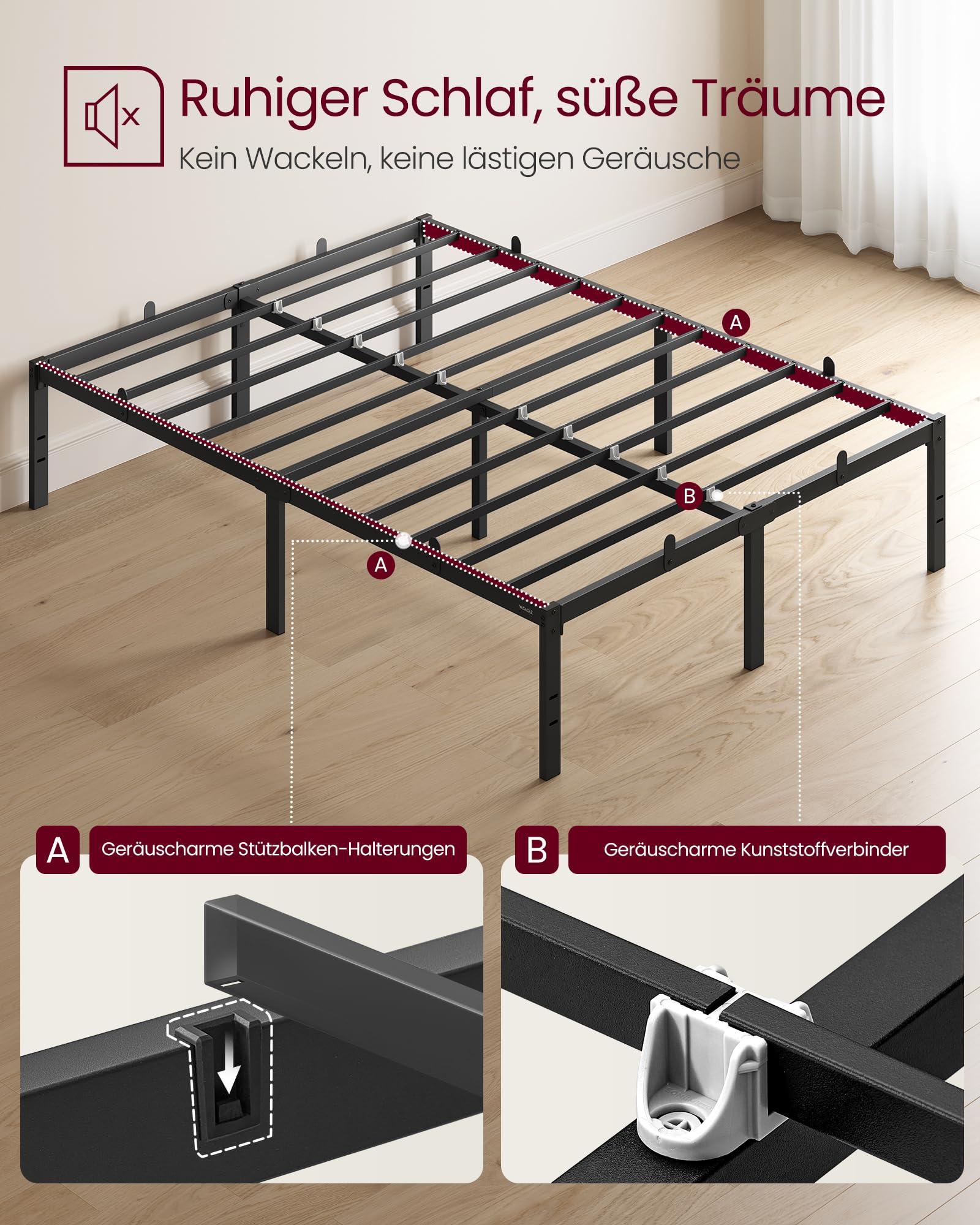 VASAGLE Doppelbettgestell, Bett, 140 x 200 cm, Metallbett, Bettrahmen, Unterbettaufbewahrung, modern, Gästebett, einfacher Aufbau, tintenschwarz RMB154BD01