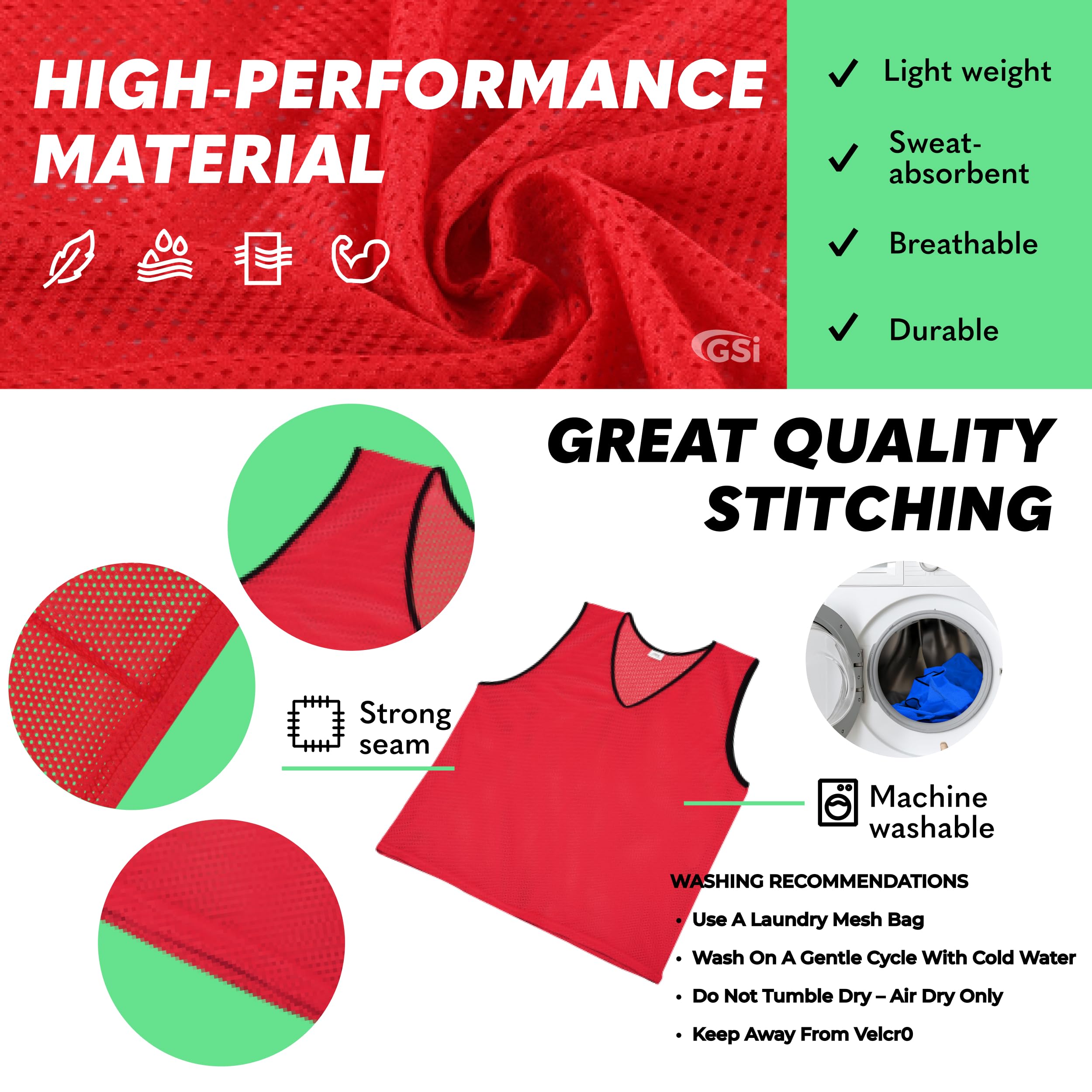 GSi Pinnies deportivos – Paquete de 12 – Tamaño libre para jóvenes y adultos – 5 opciones de color – Chaleco de práctica de fútbol, baloncesto