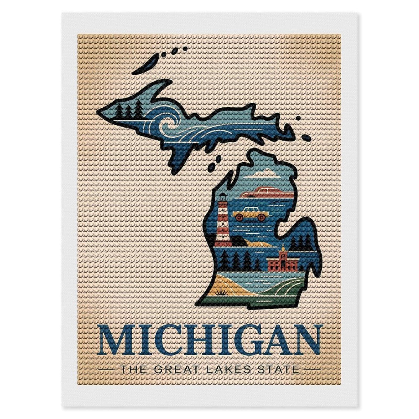 Junmoney Michigan The Great Lakes State Illustration DIY Diamond Art Canvas Kit 12"x16", Winter Craft, Mindful Craft Project, Aesthetic Room Decor, Decor Project